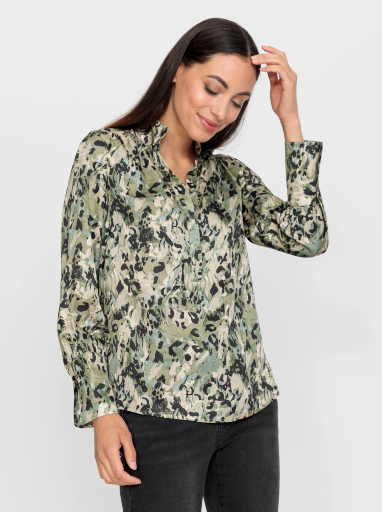 heine Druckbluse - khaki-schlamm-bedruckt