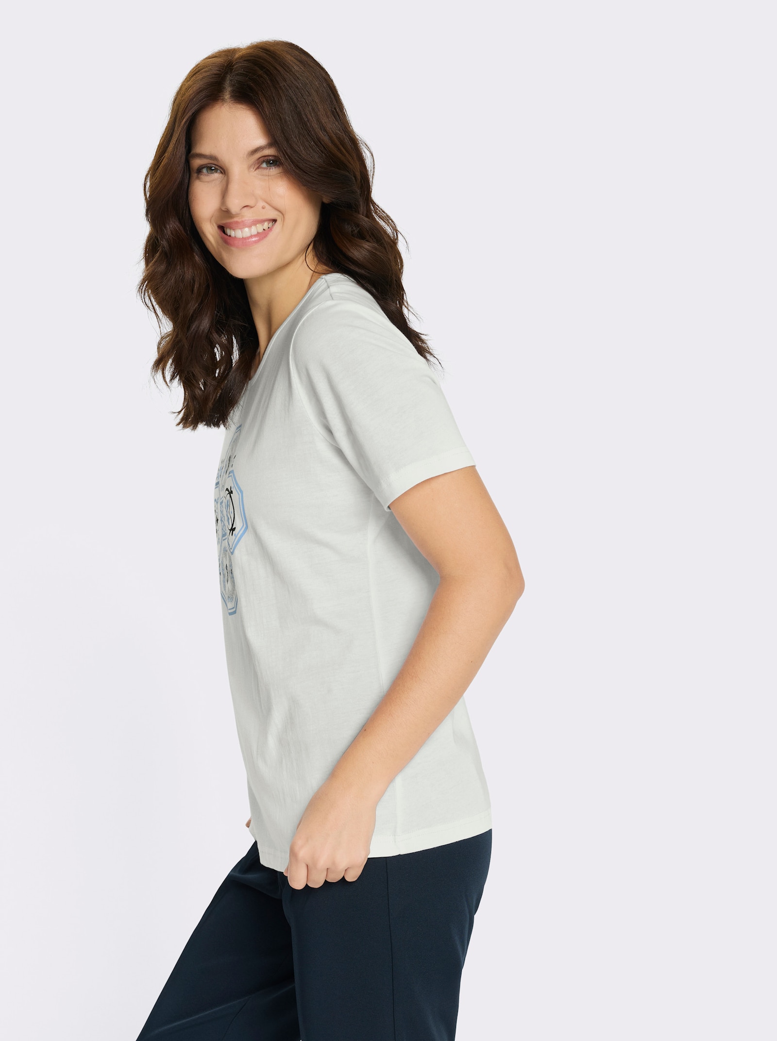 Kurzarmshirt mit platziertem Druckmuster - ecru-jeansblau-bedruckt