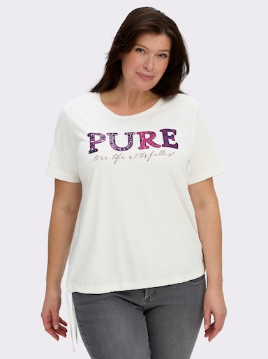Kurzarmshirt mit Bindeband am Saum - ecru-bedruckt