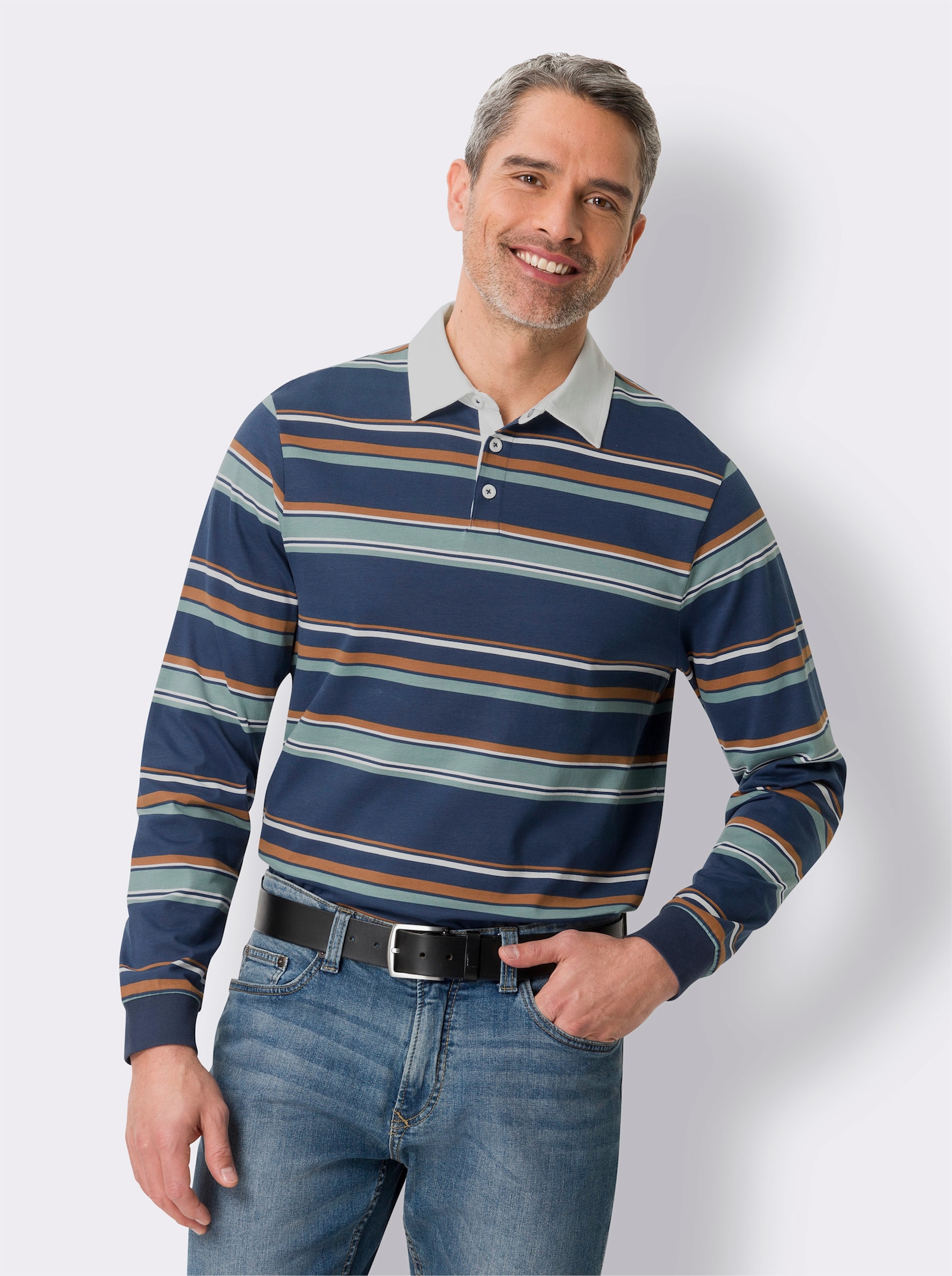 Langarm-Poloshirt im Ringel-Dessin - dunkelblau-geringelt