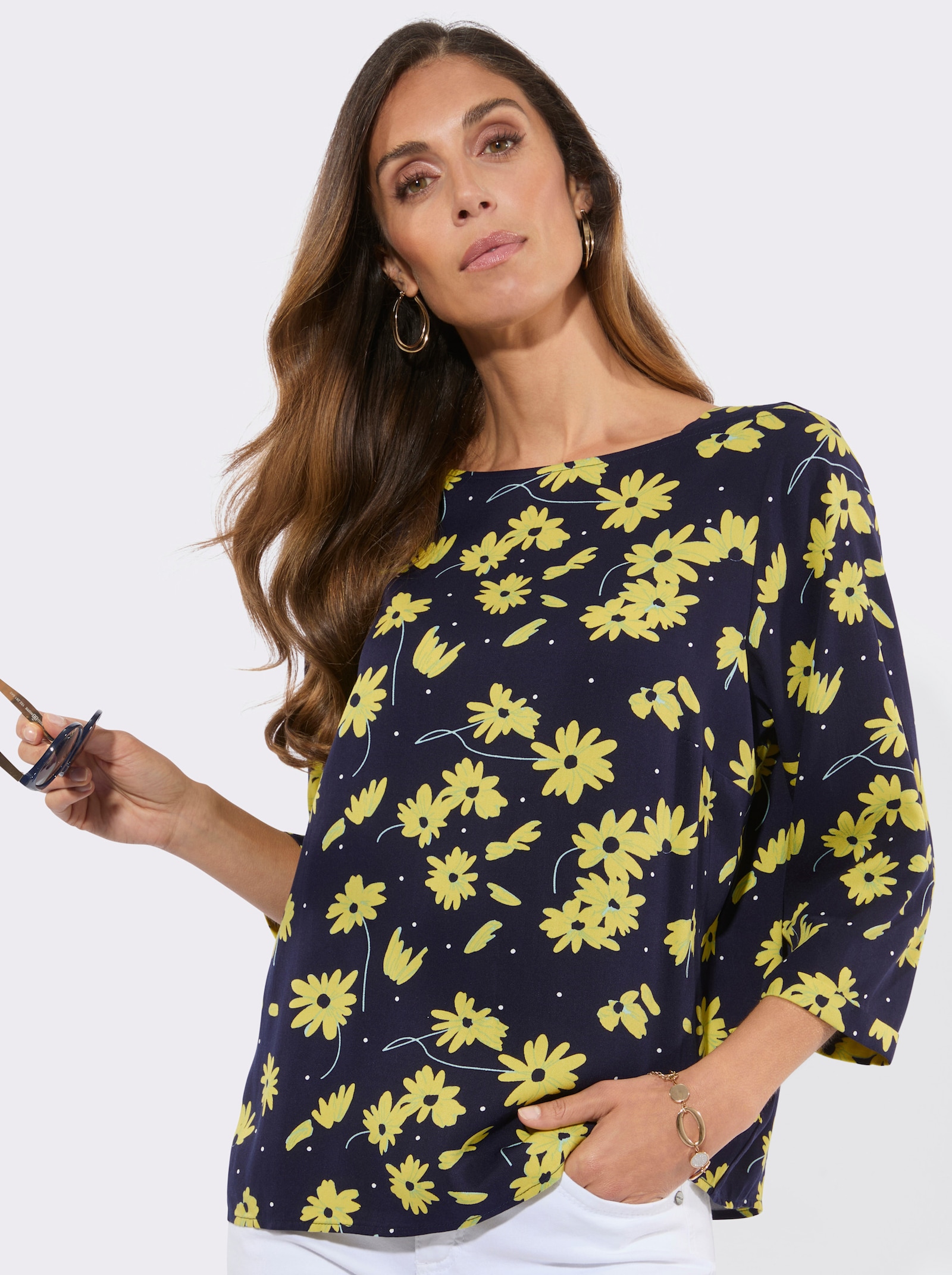 Druckbluse mit U-Boot-Ausschnitt - marine-limone-bedruckt