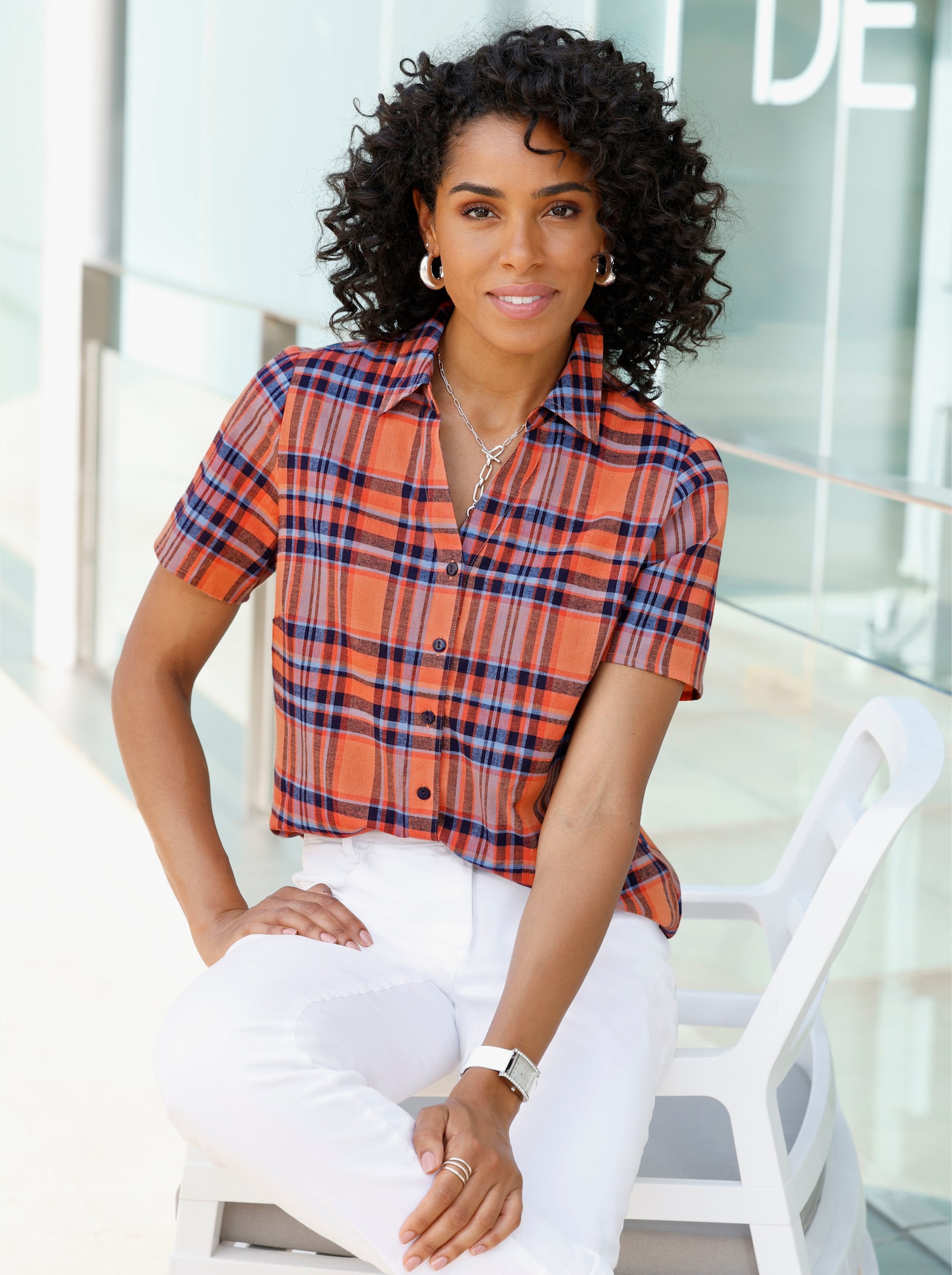 Karobluse aus reiner Baumwolle - papaya-himmelblau-kariert