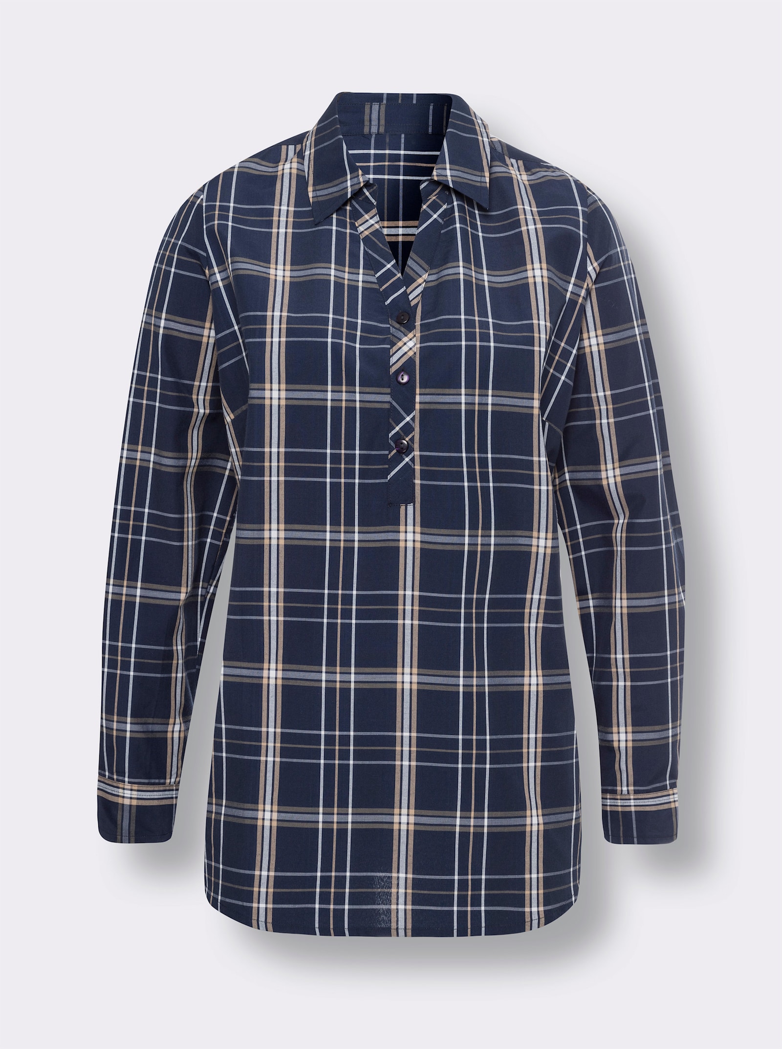 Longbluse mit Karo-Muster - marine-weiss-kariert