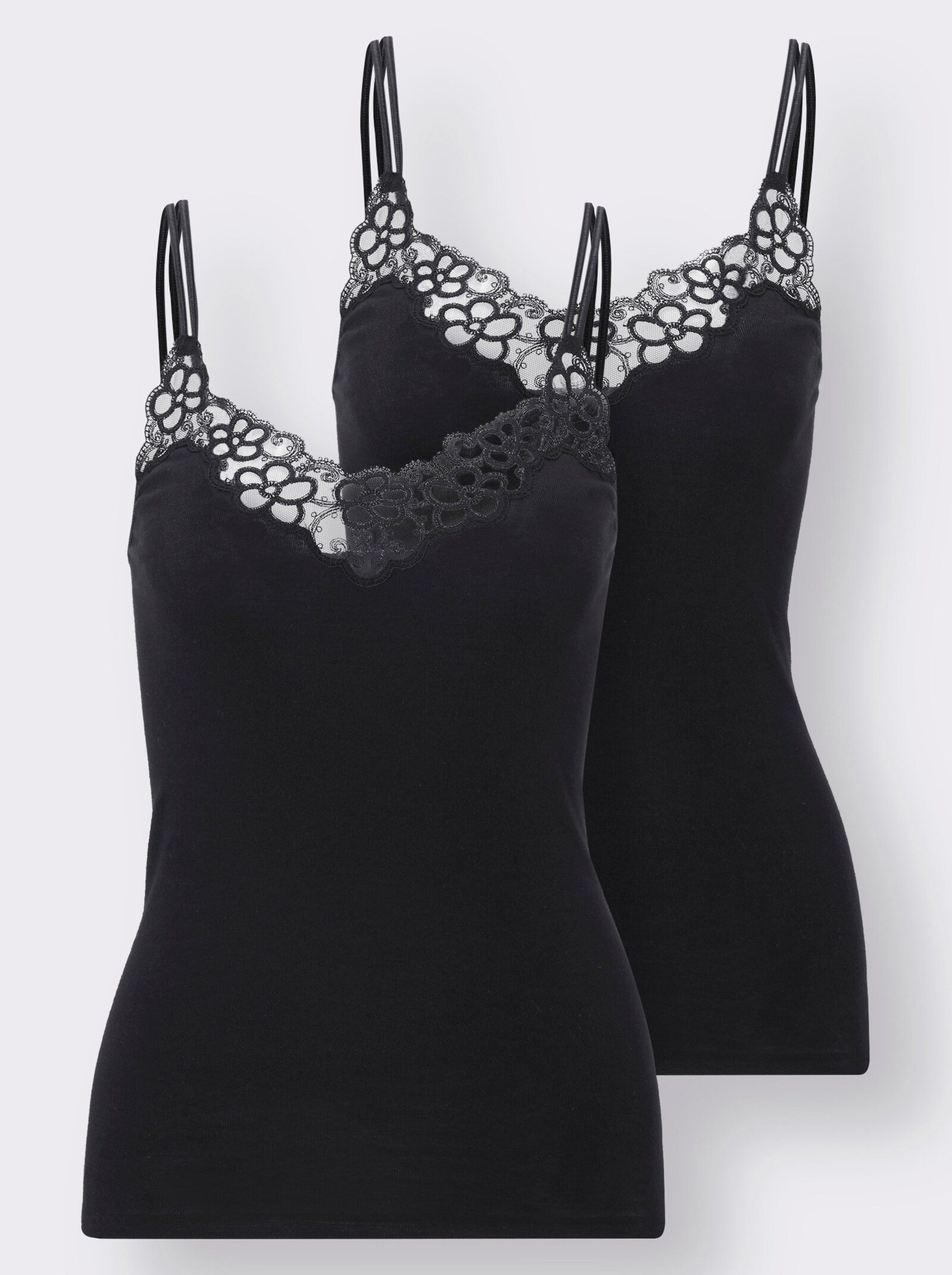 Trägerhemd mit Tüllstickerei-Spitze - schwarz