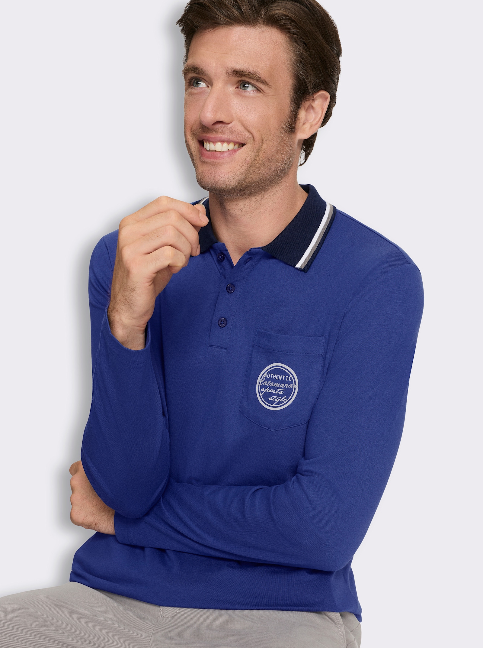 Langarm-Poloshirt mit Brusttasche - royalblau