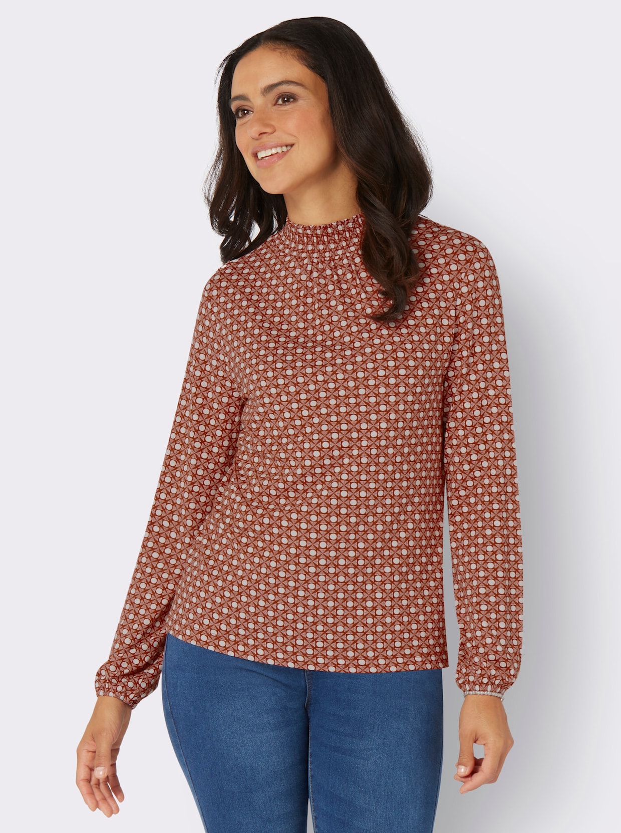 Shirt met opstaande kraag - roestrood/ecru bedrukt