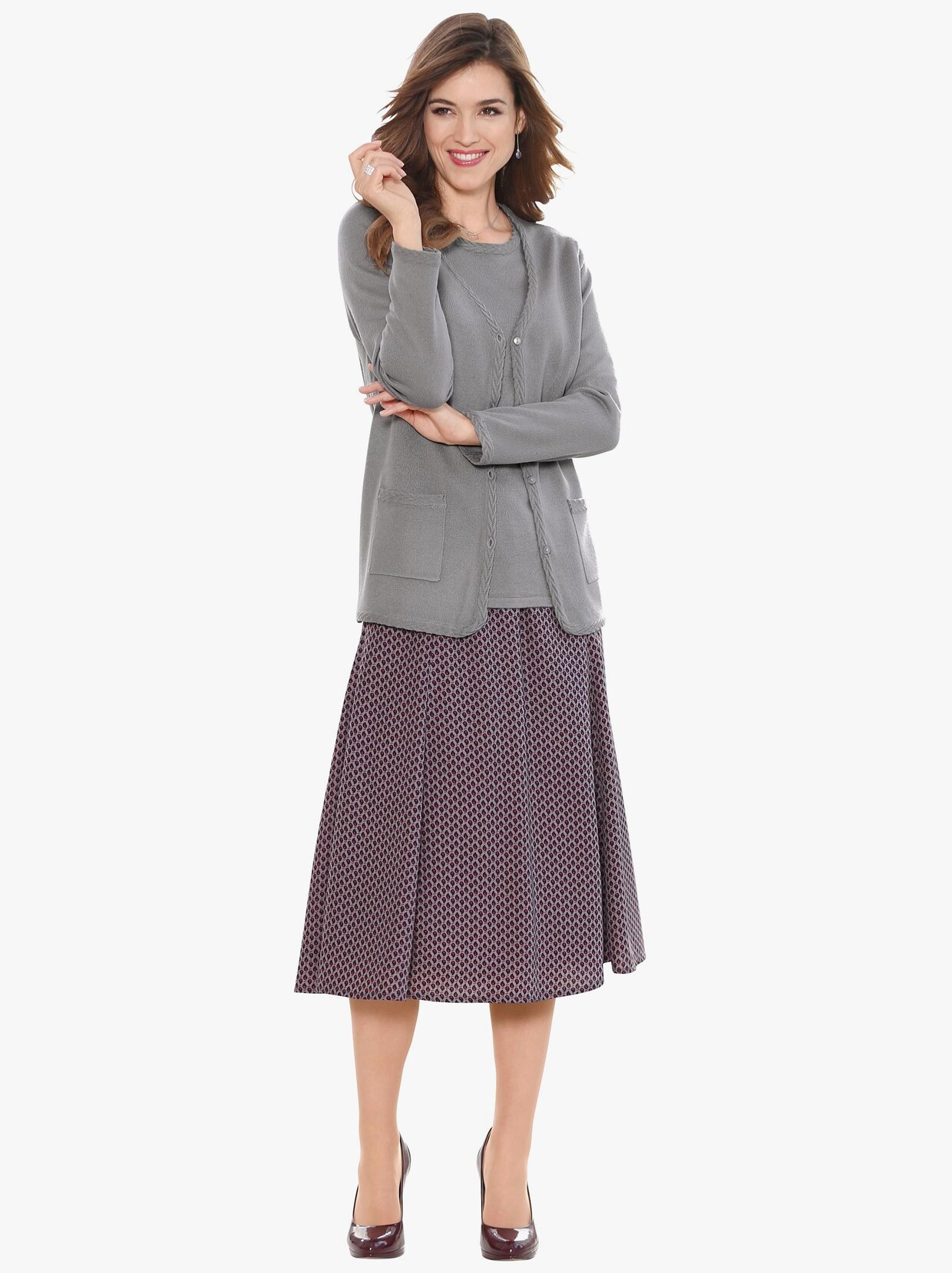 Tkaná sukňa - slivkovo-sivá s potlačou