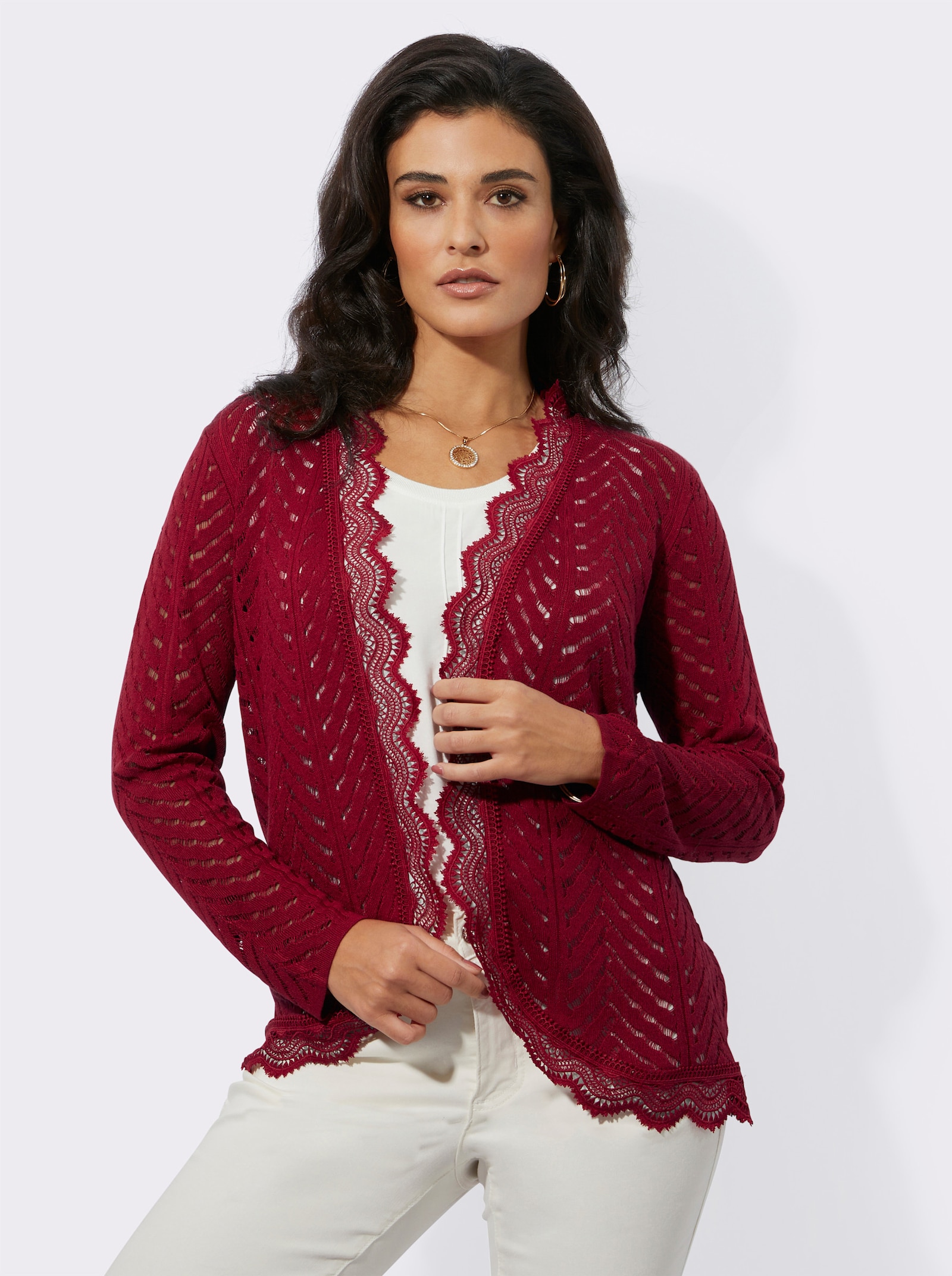  Ajourstrickjacke mit Spitzen-Details - kirsche