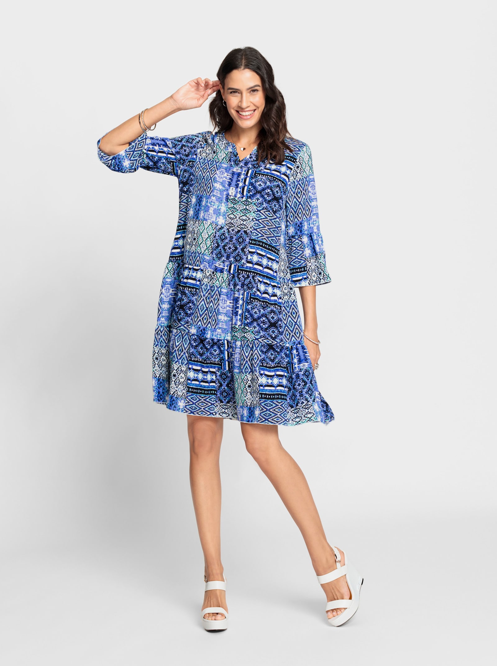 Druckkleid im Patchwork-Stil - royalblau-ecru-bedruckt