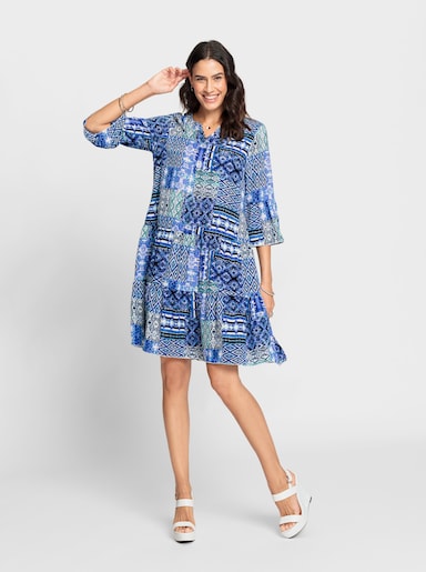 Druckkleid im Patchwork-Stil - royalblau-ecru-bedruckt