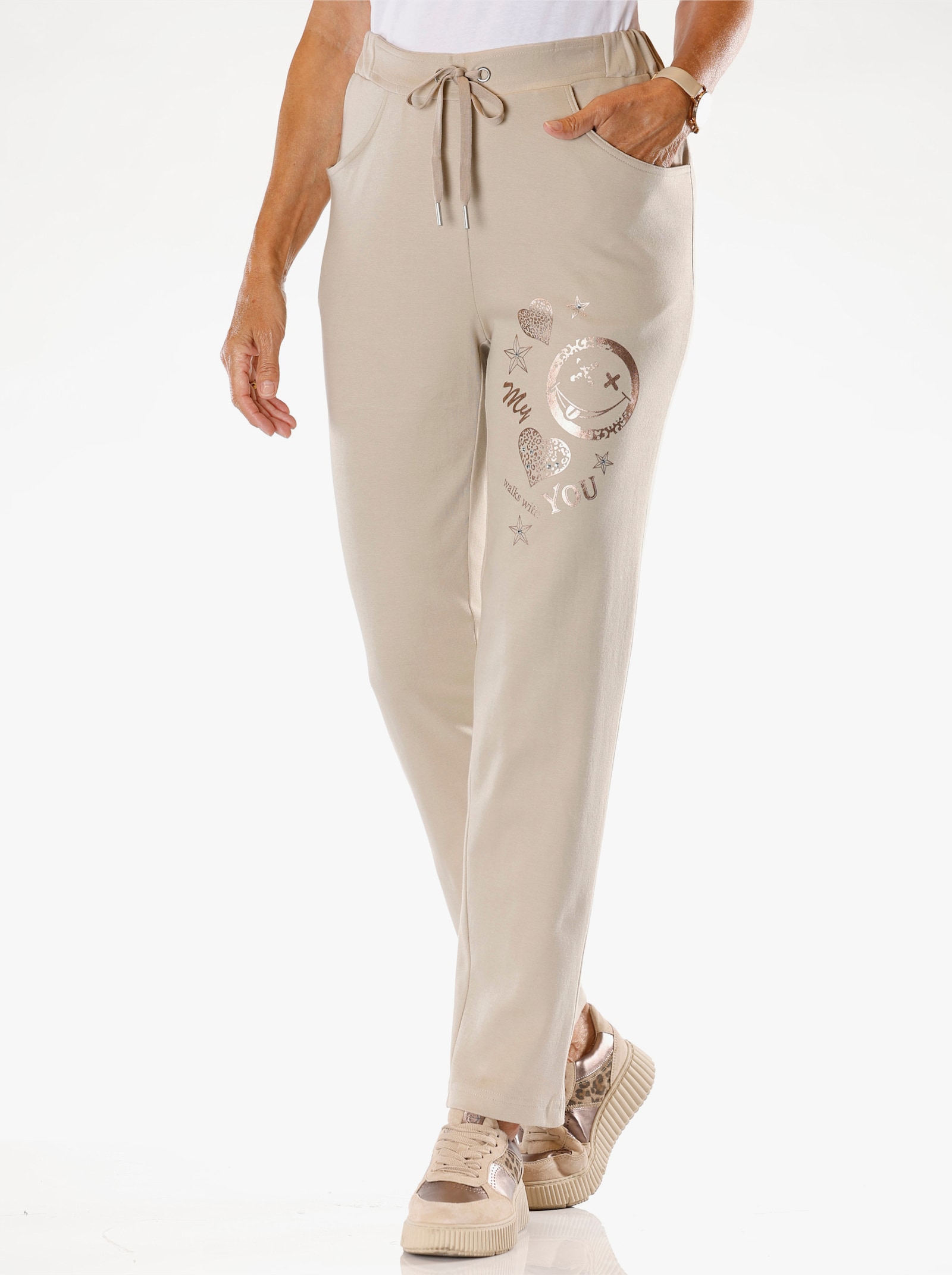 Broek met folieprint - zand/bronskleurig