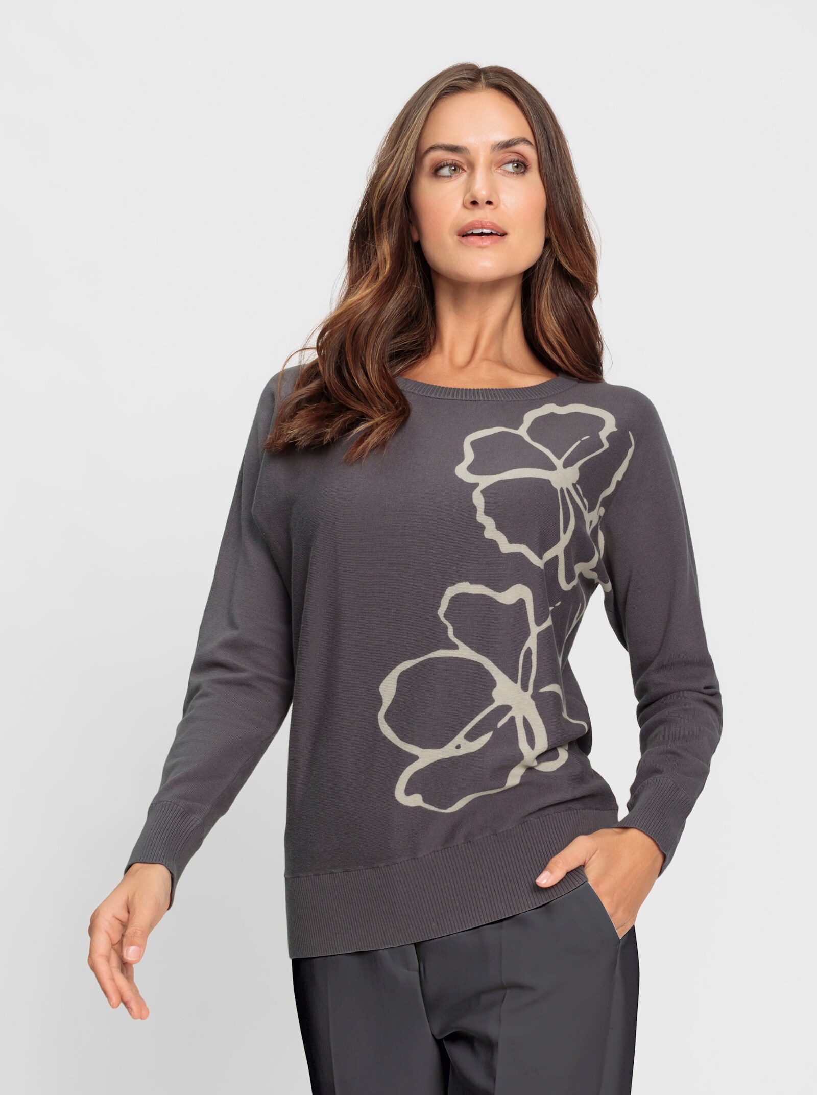 heine Feinstrickpullover mit Floral-Print - anthrazit-sand-bedruckt