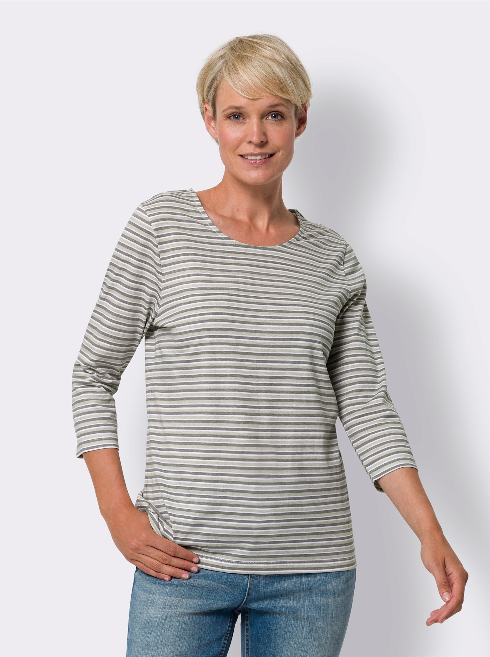 3/4-Arm-Shirt im Ringel-Dessin - grau-weiß-geringelt