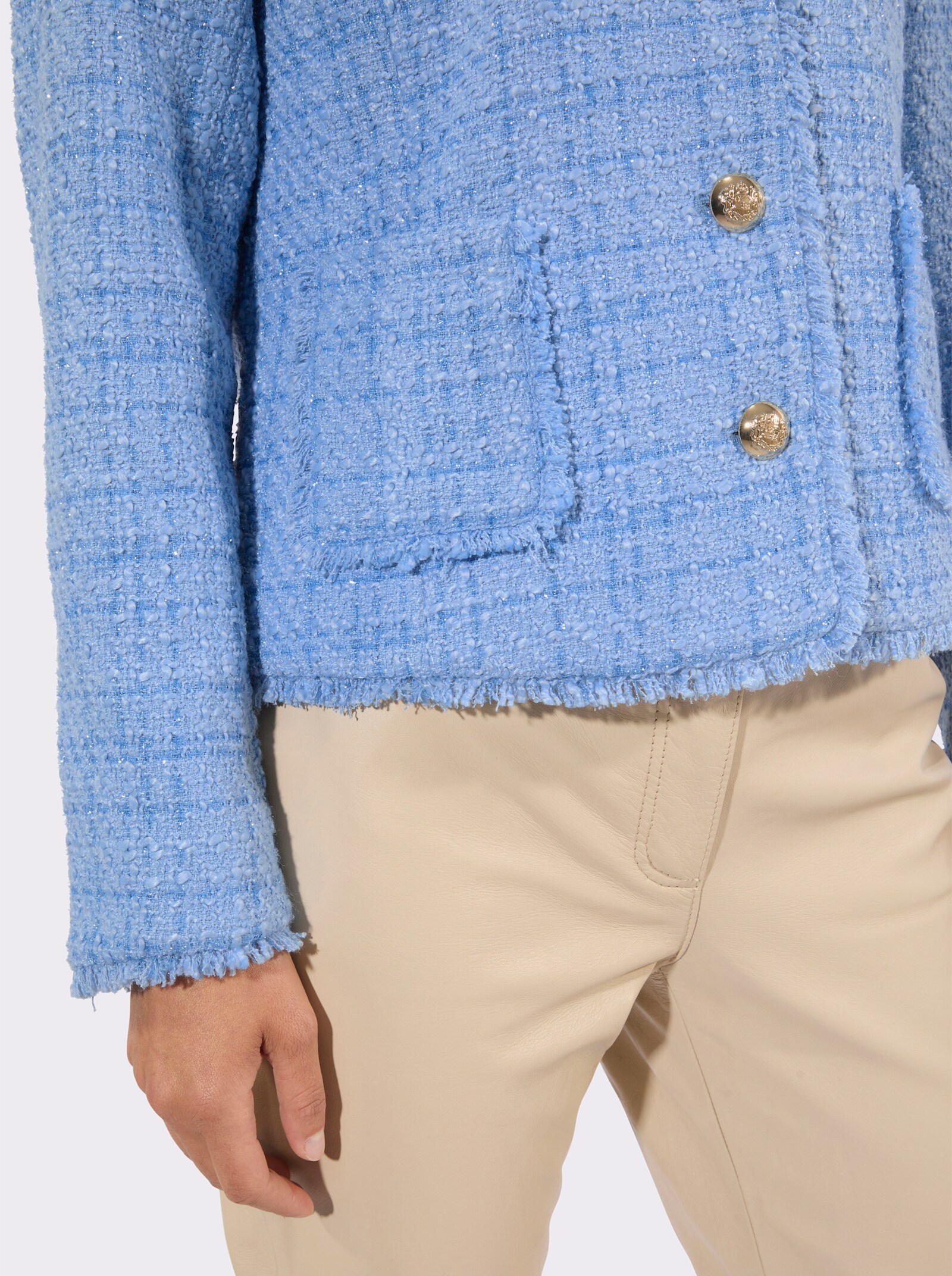 Bouclé-Blazer mit feinen Fransenkanten - himmelblau