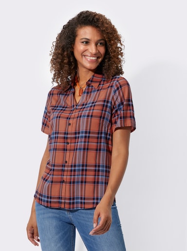 Karobluse mit abgerundetem Saum - papaya-himmelblau-kariert