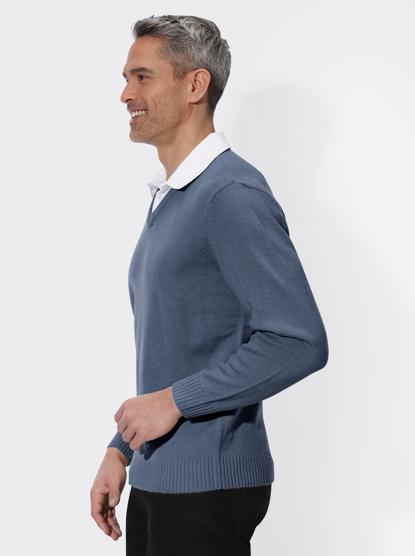 2-in-1-Pullover mit gewebtem Hemdkragen - ecru-rauchblau