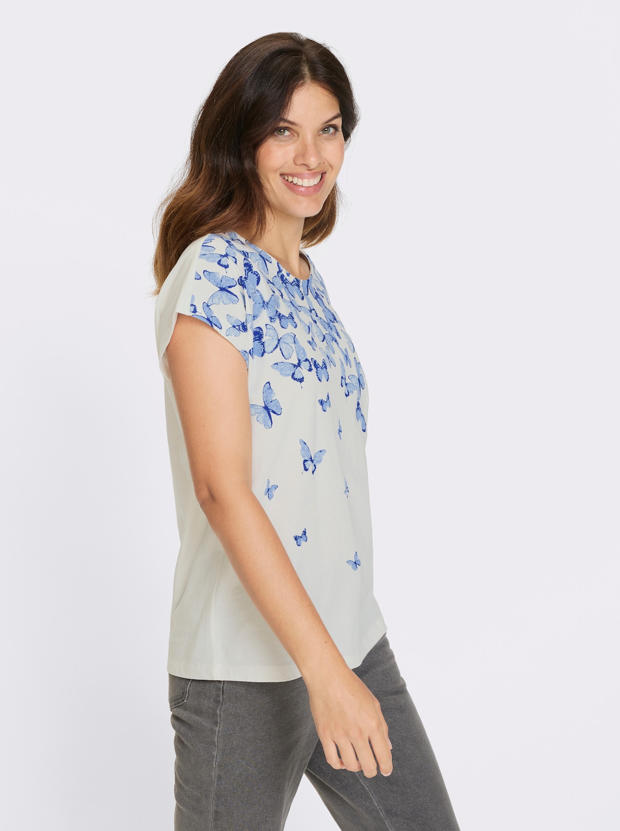 Kurzarmshirt - ecru-royalblau