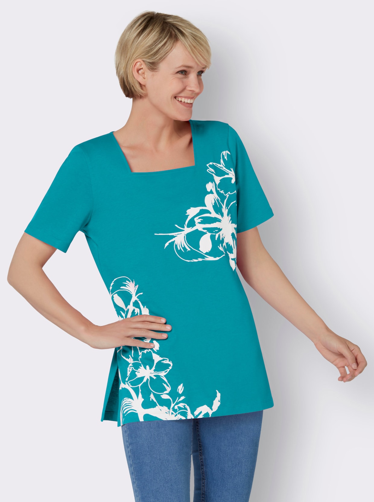 Lang shirt - turquoise/wit