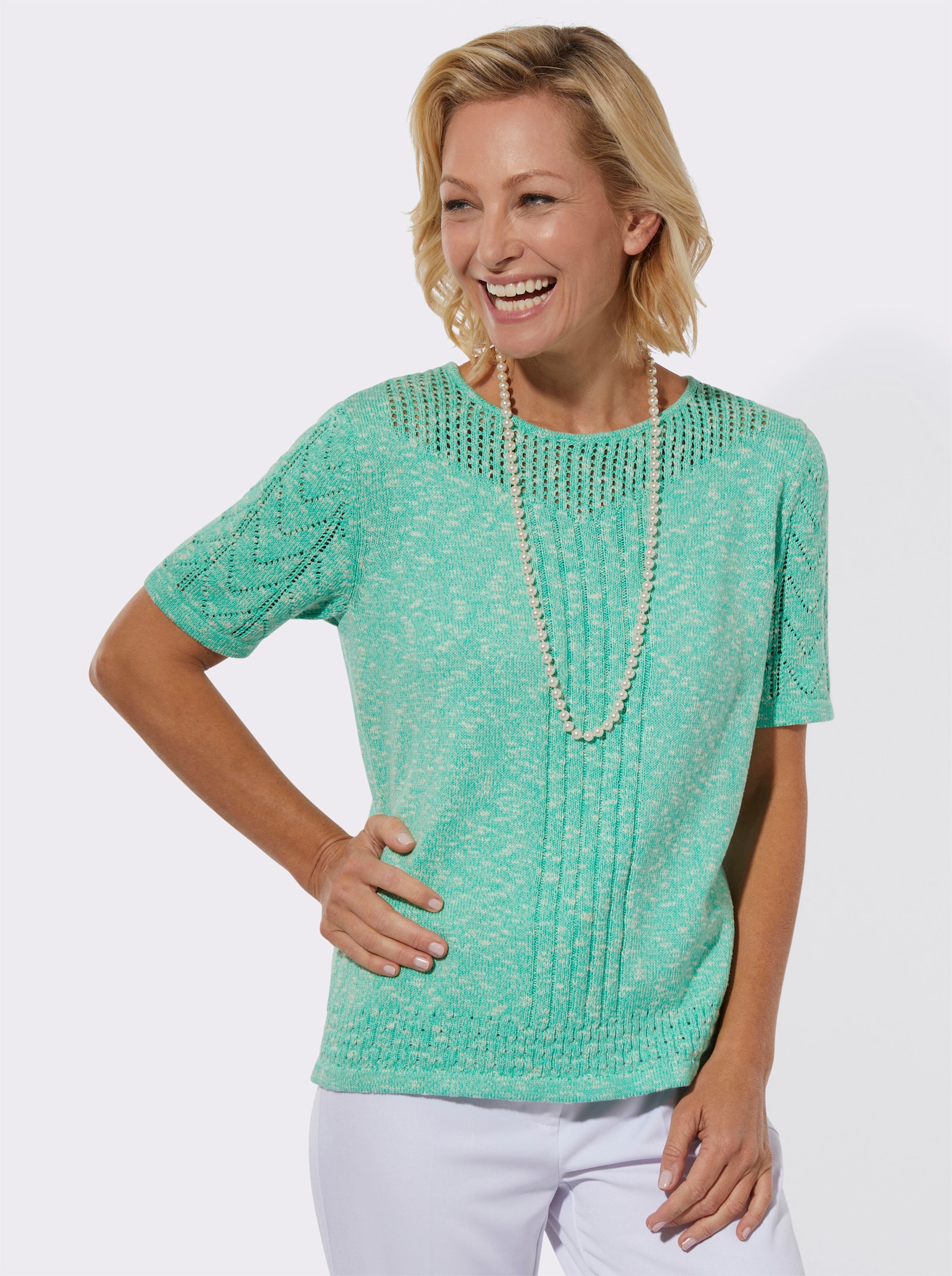 Ajourpullover in leichter Qualität - blaugrün-ecru-meliert