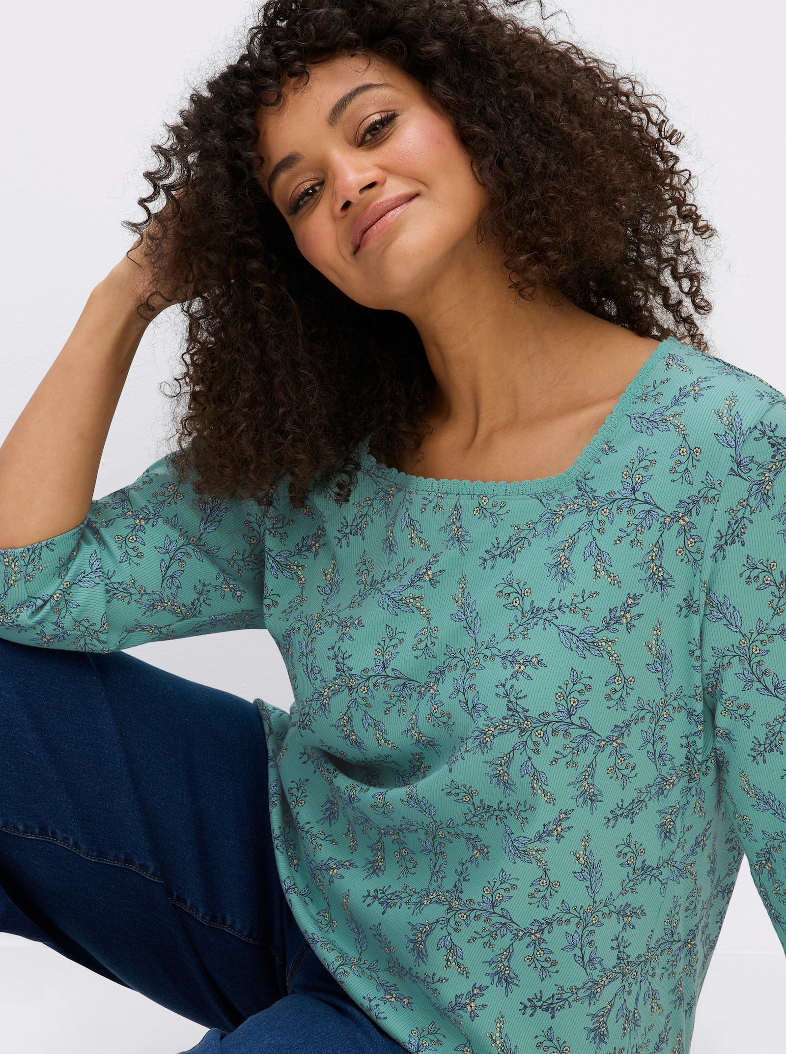 sheego 3/4-Arm-Shirt mit Karree-Ausschnitt - salbei-rauchblau-bedruckt