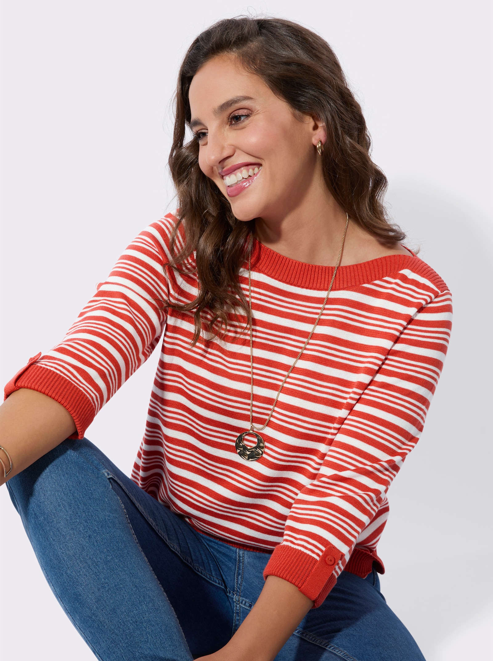 Baumwollpullover mit Ripp-Abschlüssen - terra-ecru-geringelt