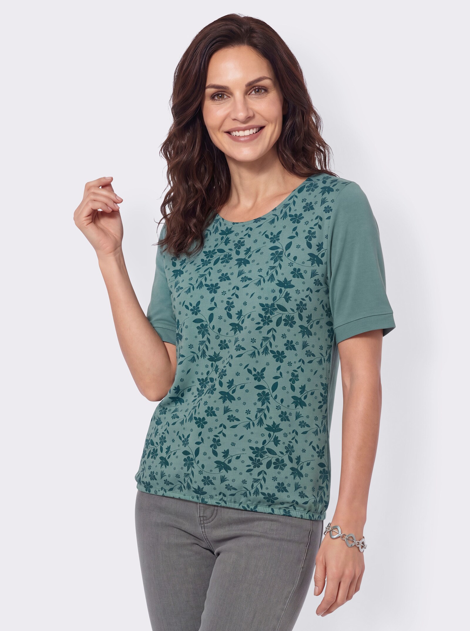 Kurzarmshirt mit Gummizug am Saum - jade