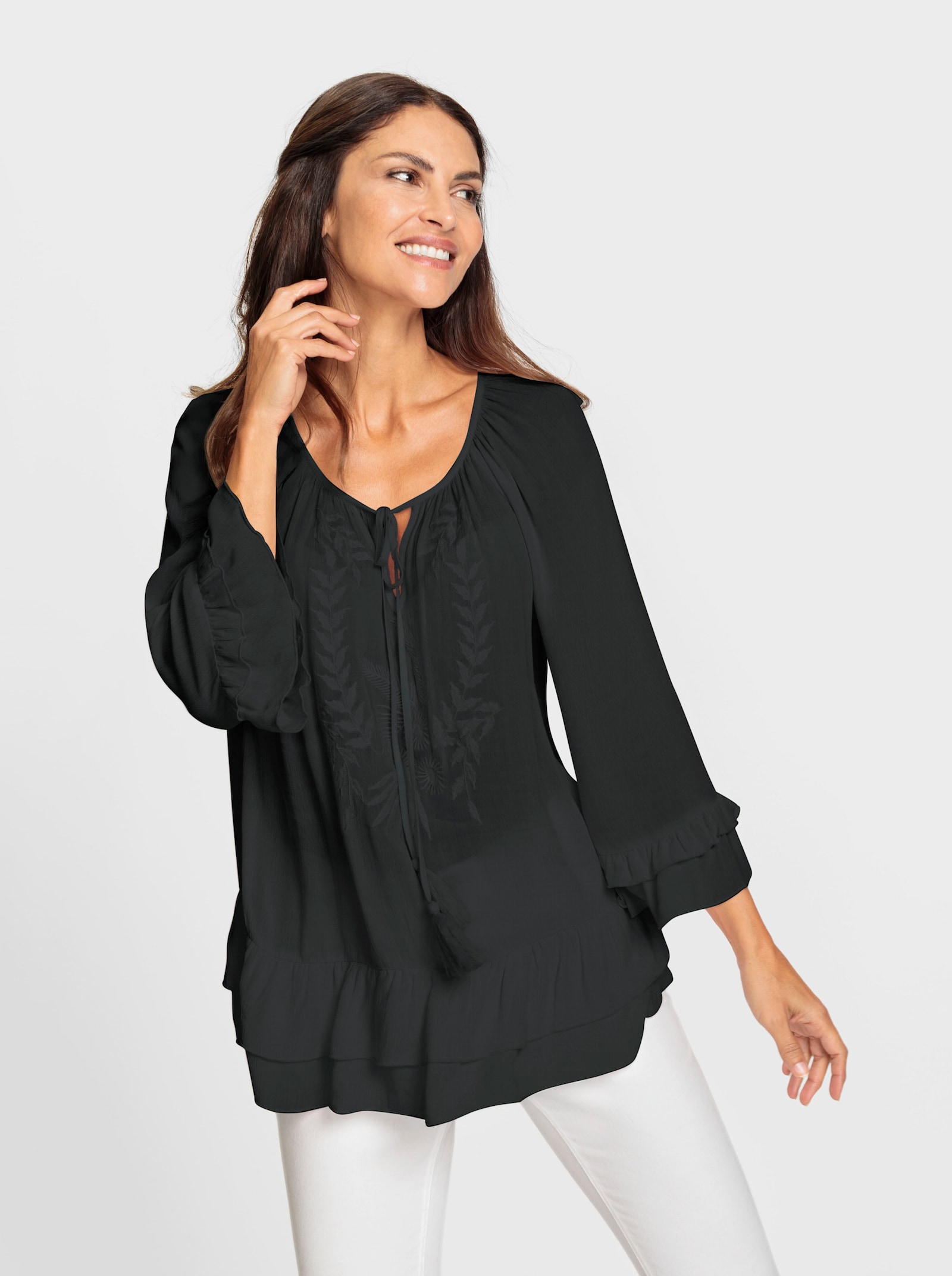 Schlupfbluse mit Blumenstickerei - schwarz