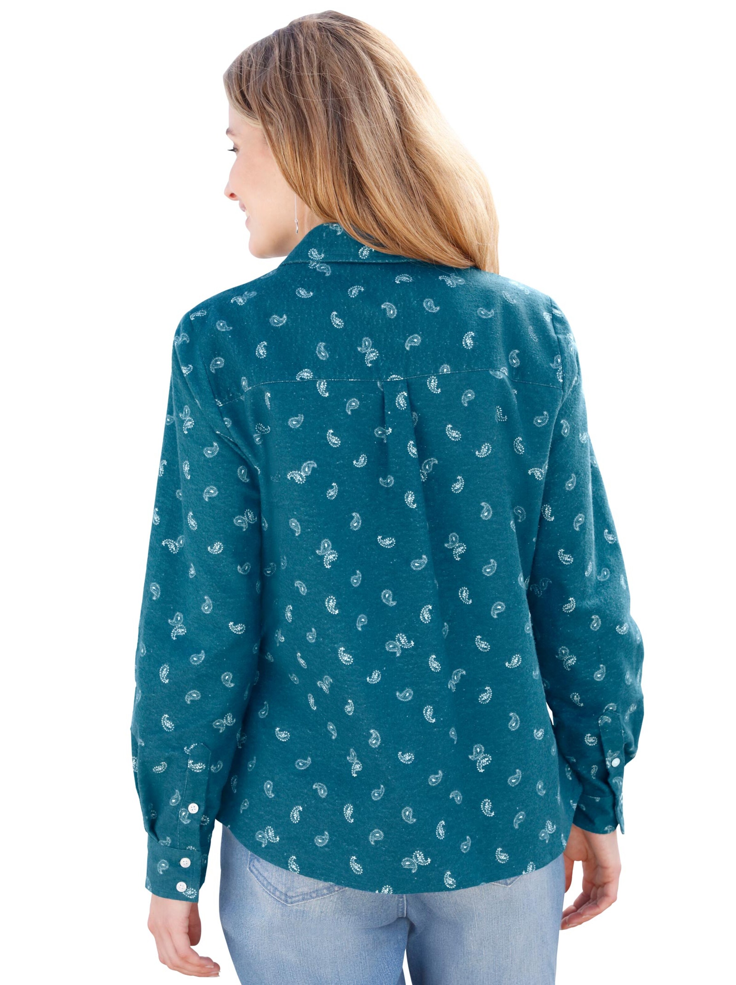 Hemdbluse - petrol-weiß-gemustert