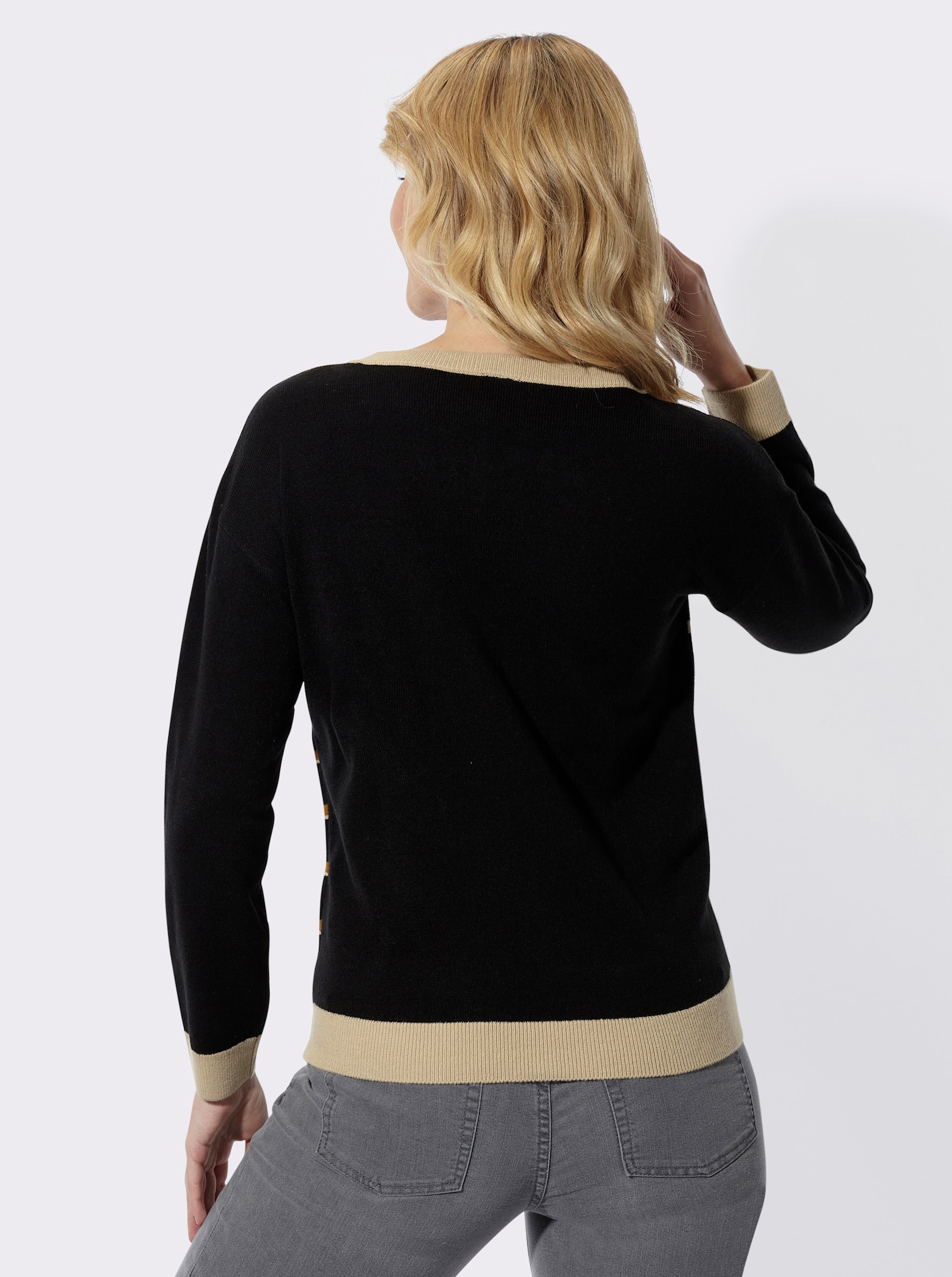 Rundhalspullover mit Jacquard-Streifen-Muster - schwarz-cognac-gemustert