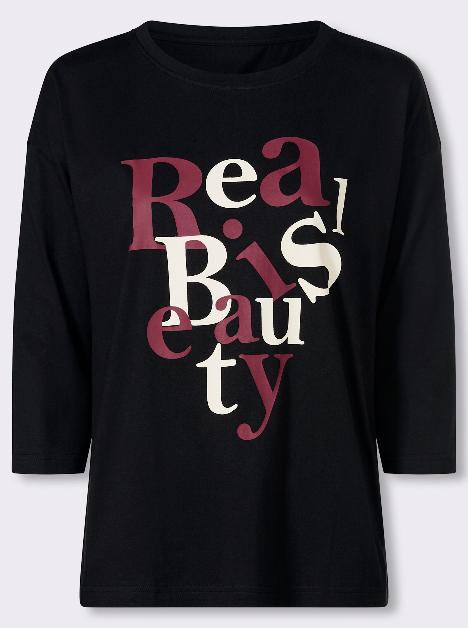 3/4-Arm-Shirt mit Schriftzug im Vorderteil - schwarz-bordeaux