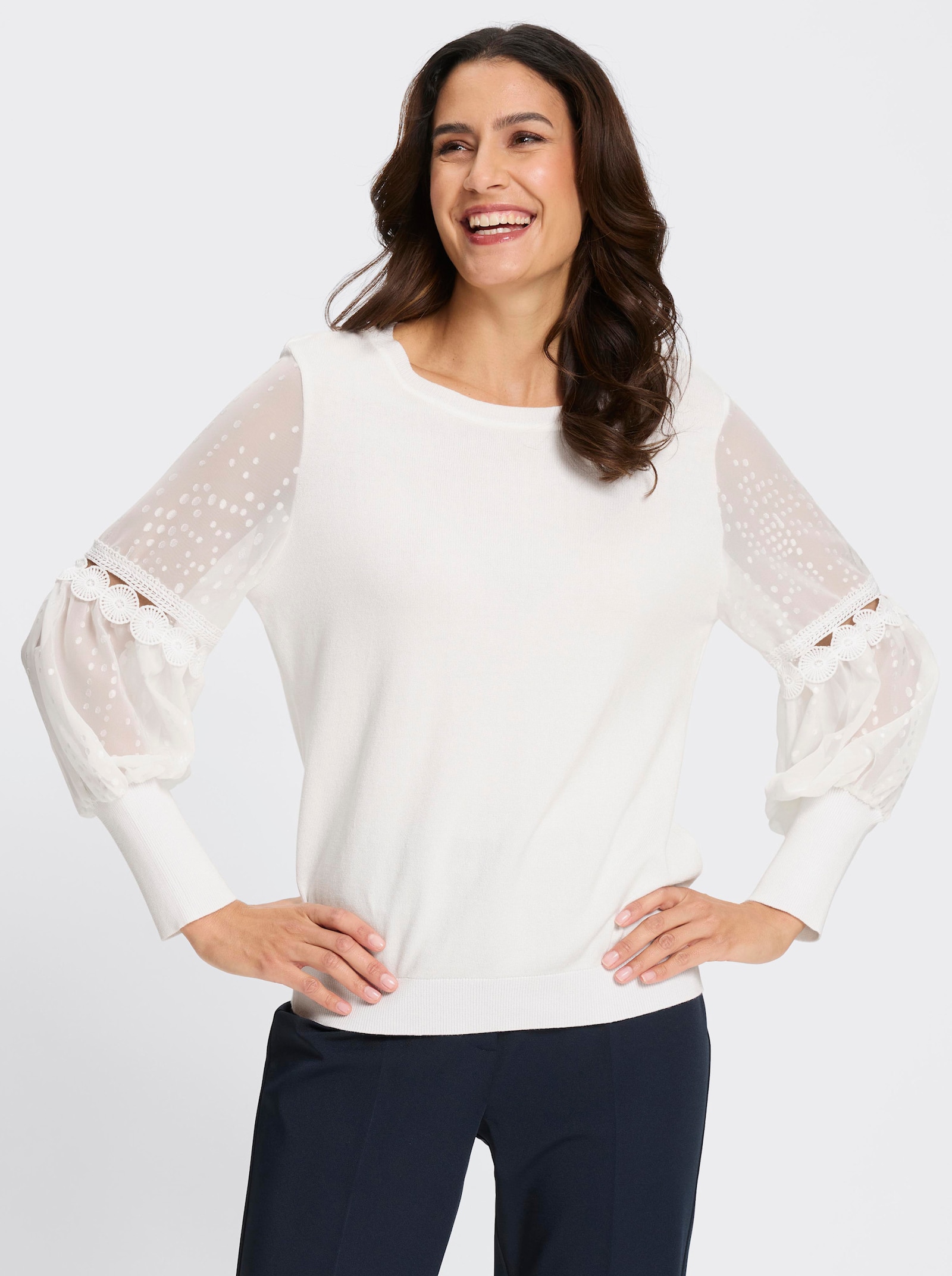 Feinstrickpullover mit gewebten Ballon_Ärmeln - ecru