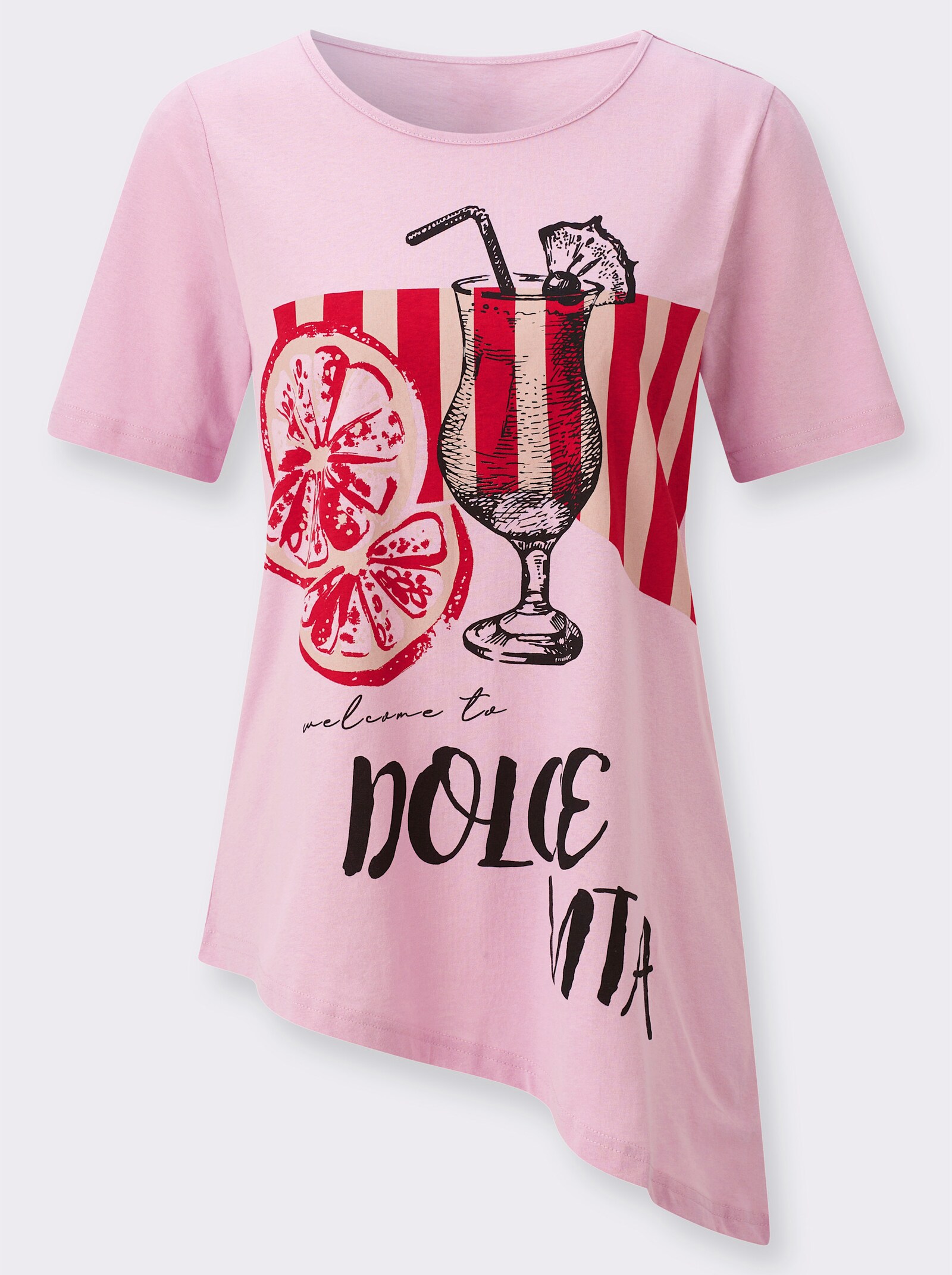 Kurzarmshirt mit asymmetrischem Saum - rosé-bedruckt