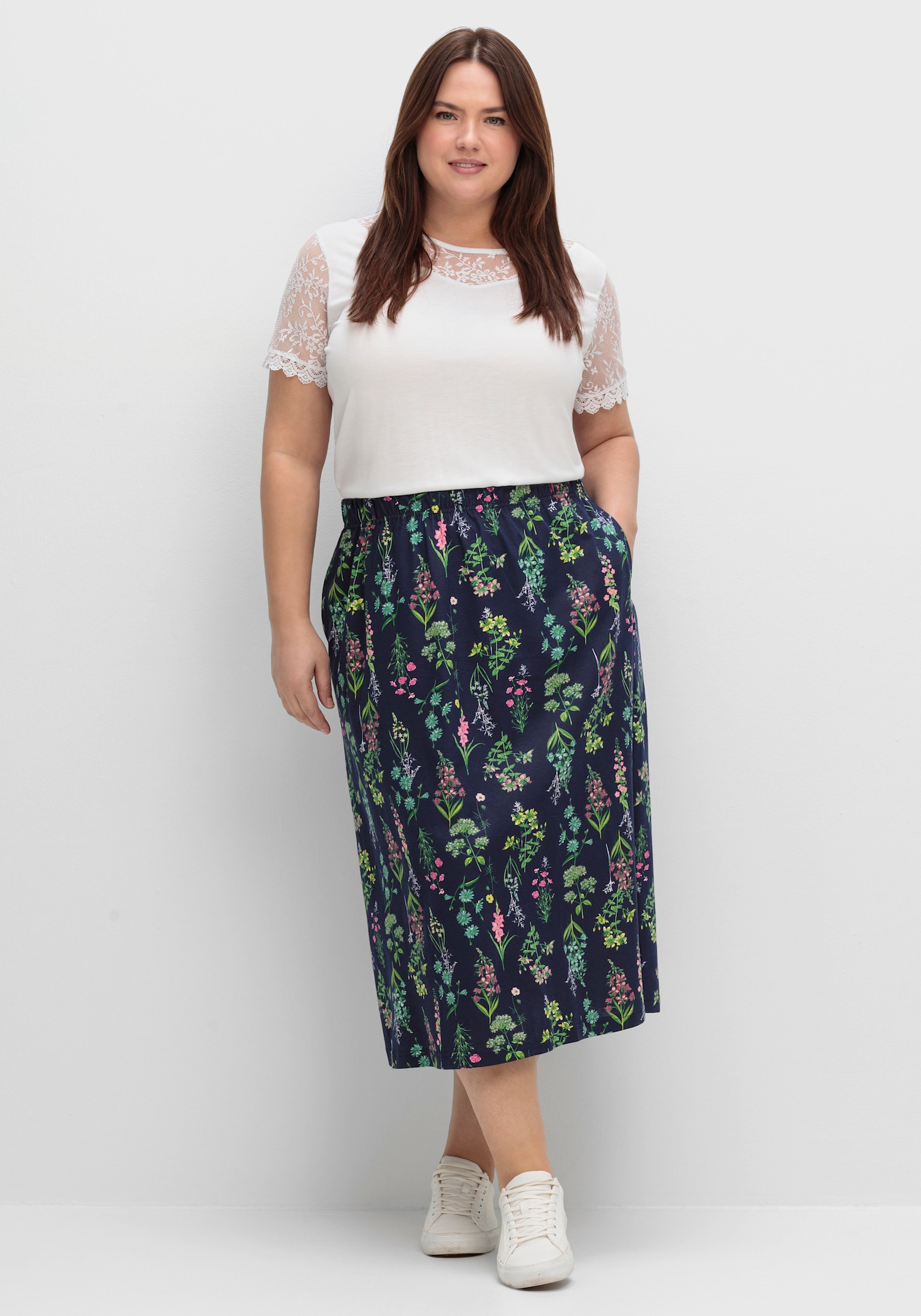 Jerseyrock mit Rundum-Dehnbund - marine-altrosa-bedruckt