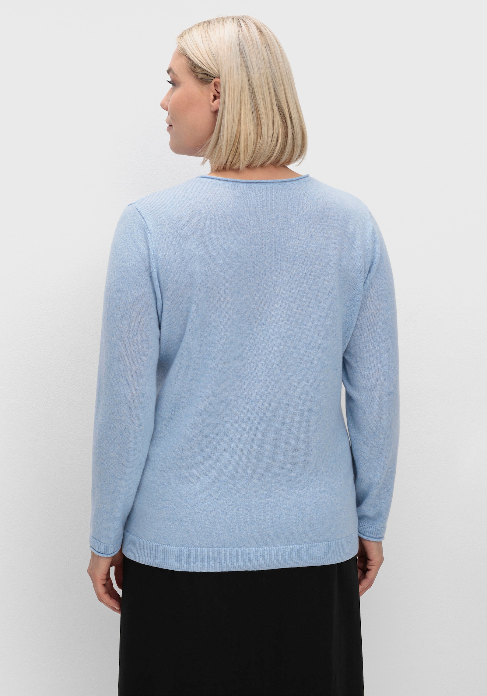 Kaschmirpullover mit Rollkanten - blau-meliert