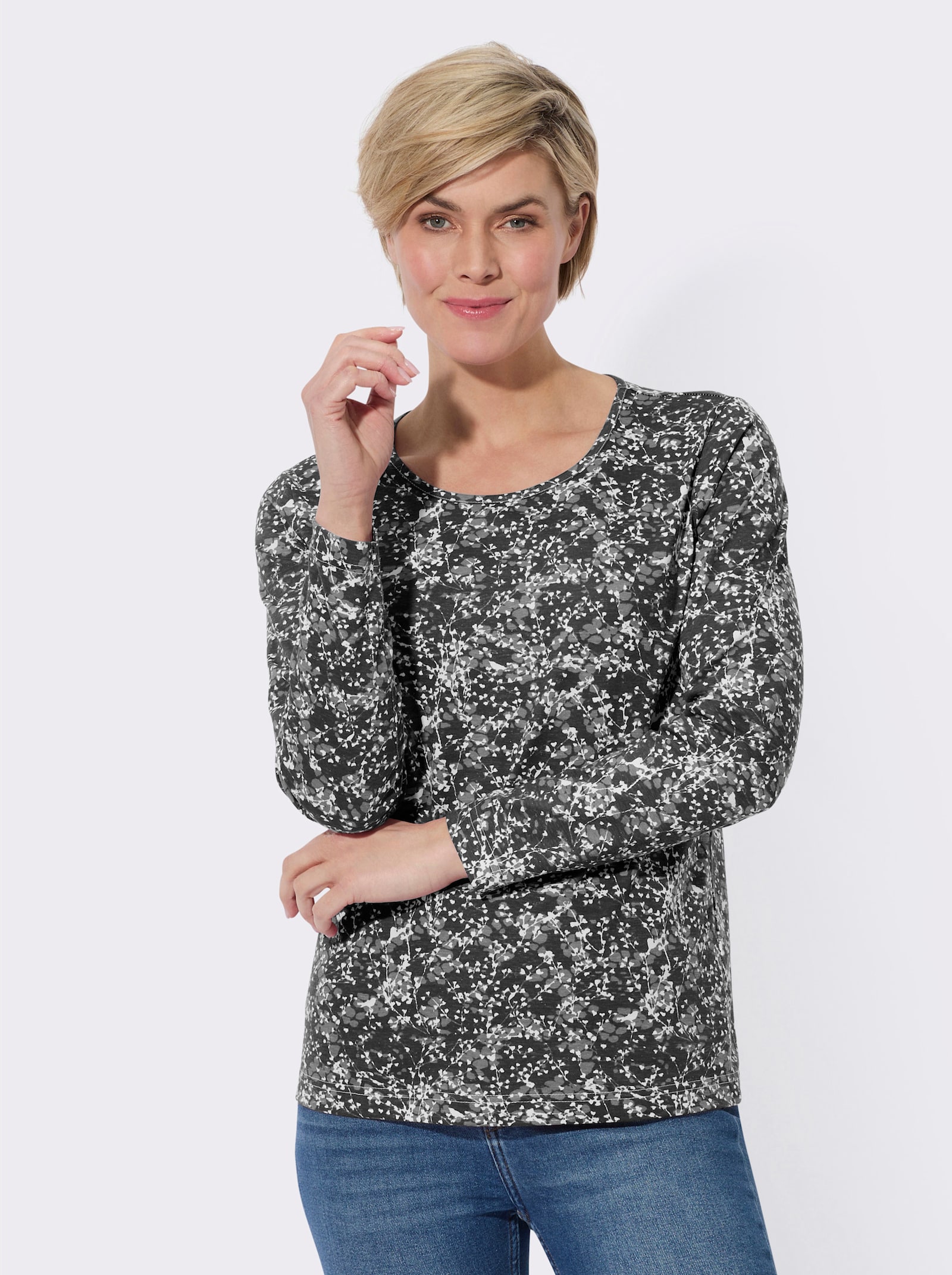 Rundhalsshirt in Single-Jersey-Qualität - schwarz-steingrau-bedruckt