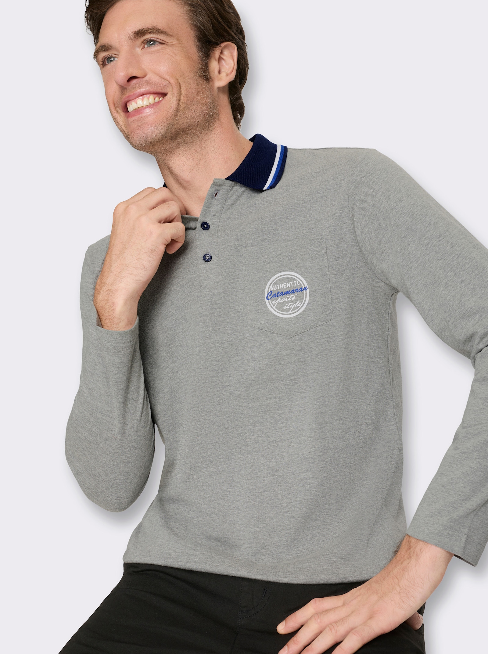 Langarm-Poloshirt mit Brusttasche - grau-meliert
