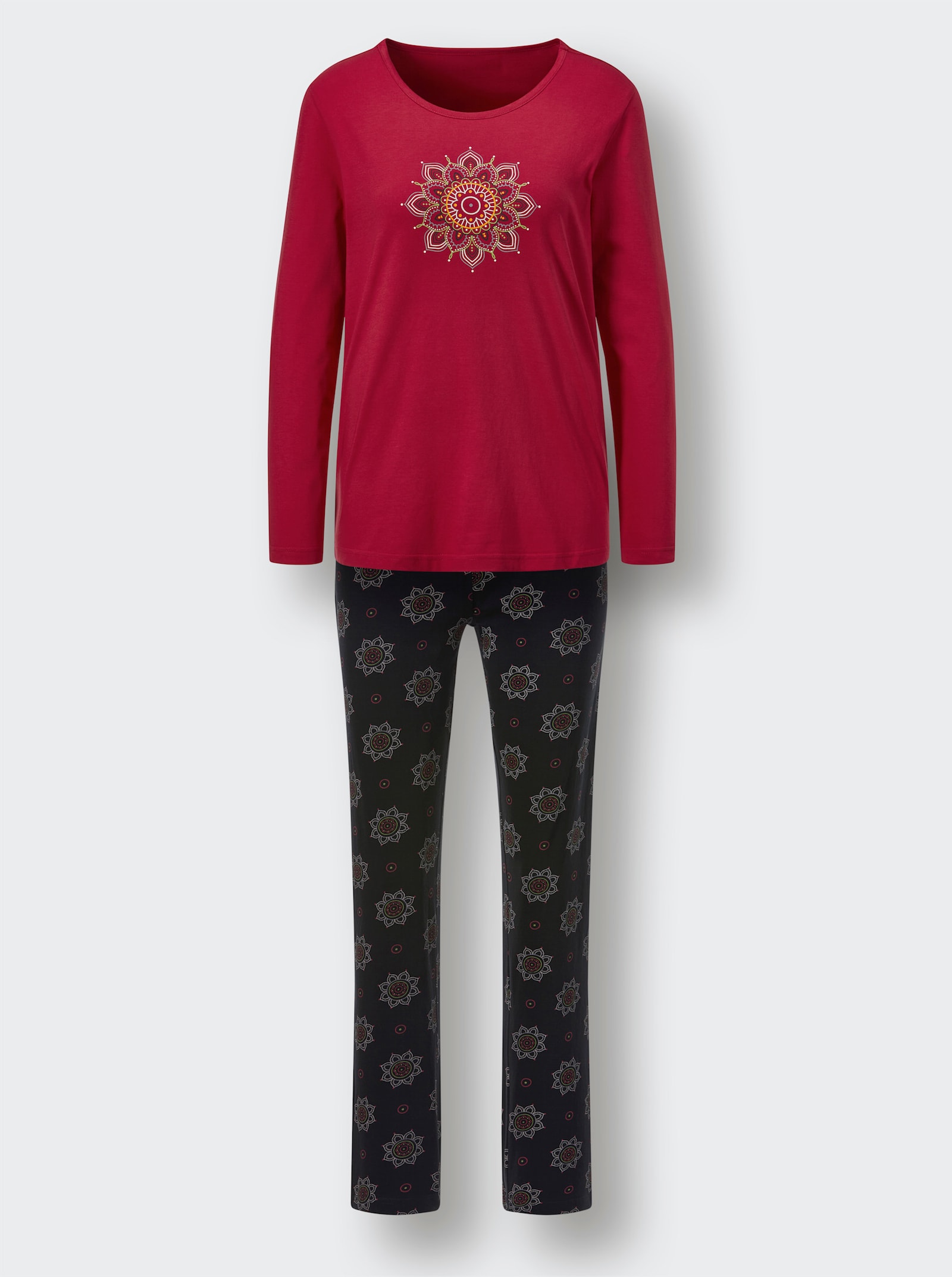 Comtessa Schlafanzug aus reiner Baumwolle - rot-schwarz-bedruckt