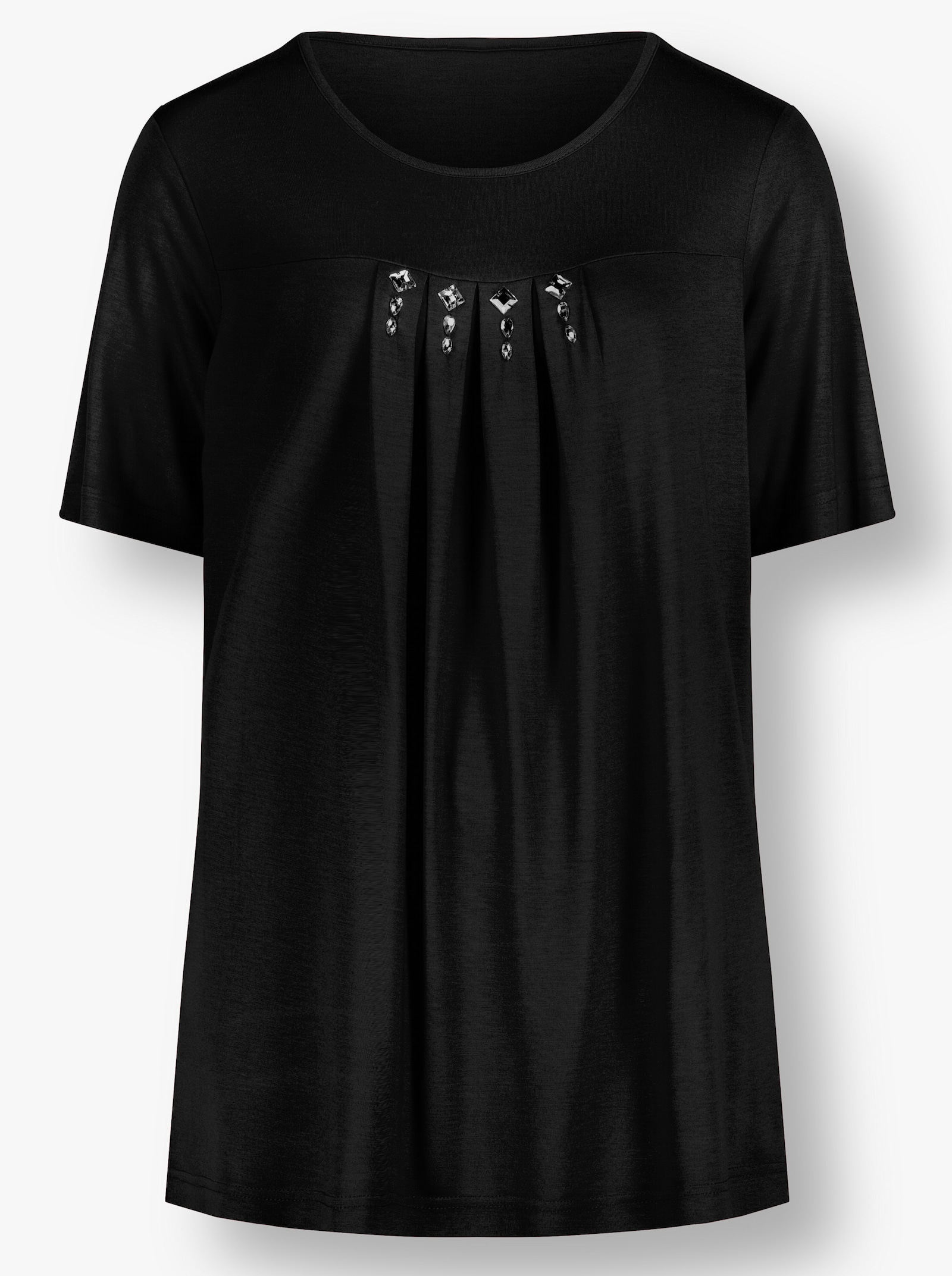 Kurzarmshirt mit Ziersteinchen, reine Viskose - schwarz