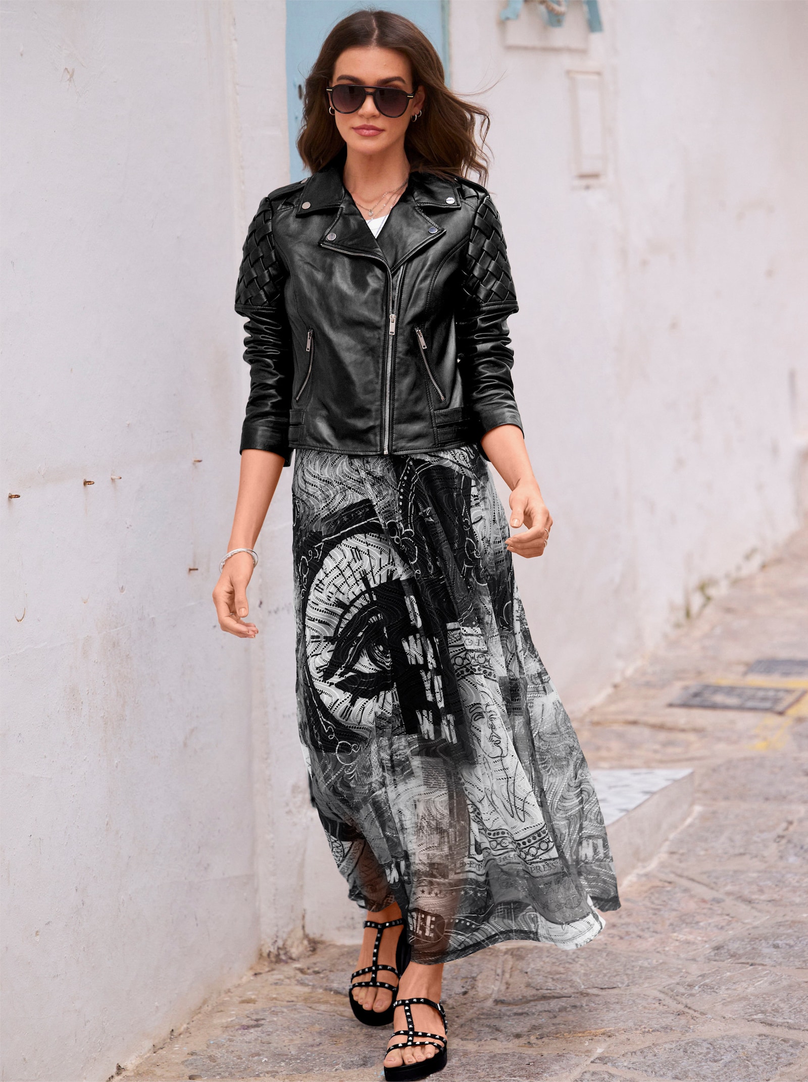 heine Lederjacke mit Flecht-Einsatz - schwarz