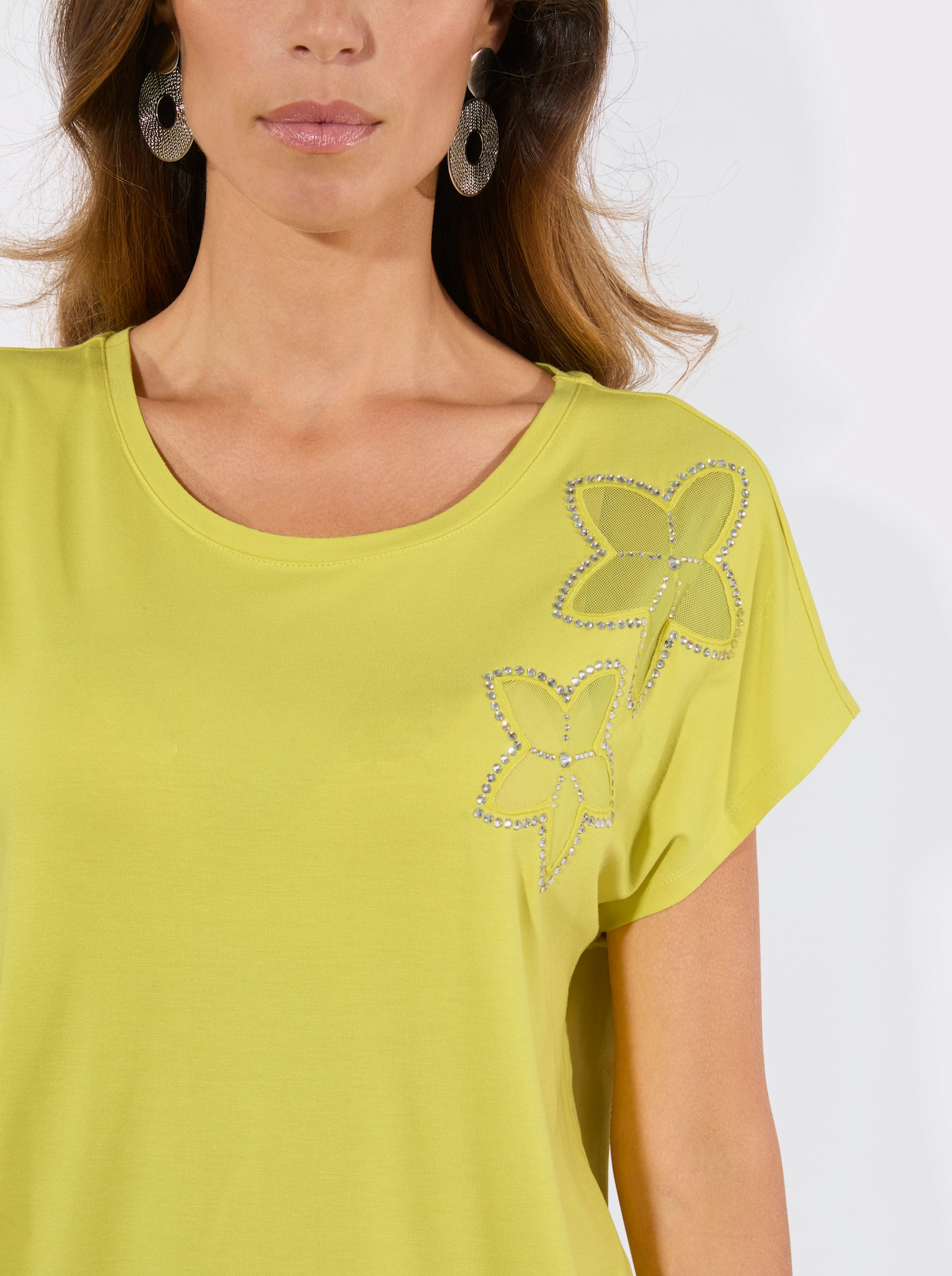 Kurzarmshirt mit schimmernden Ziersteinchen - limone