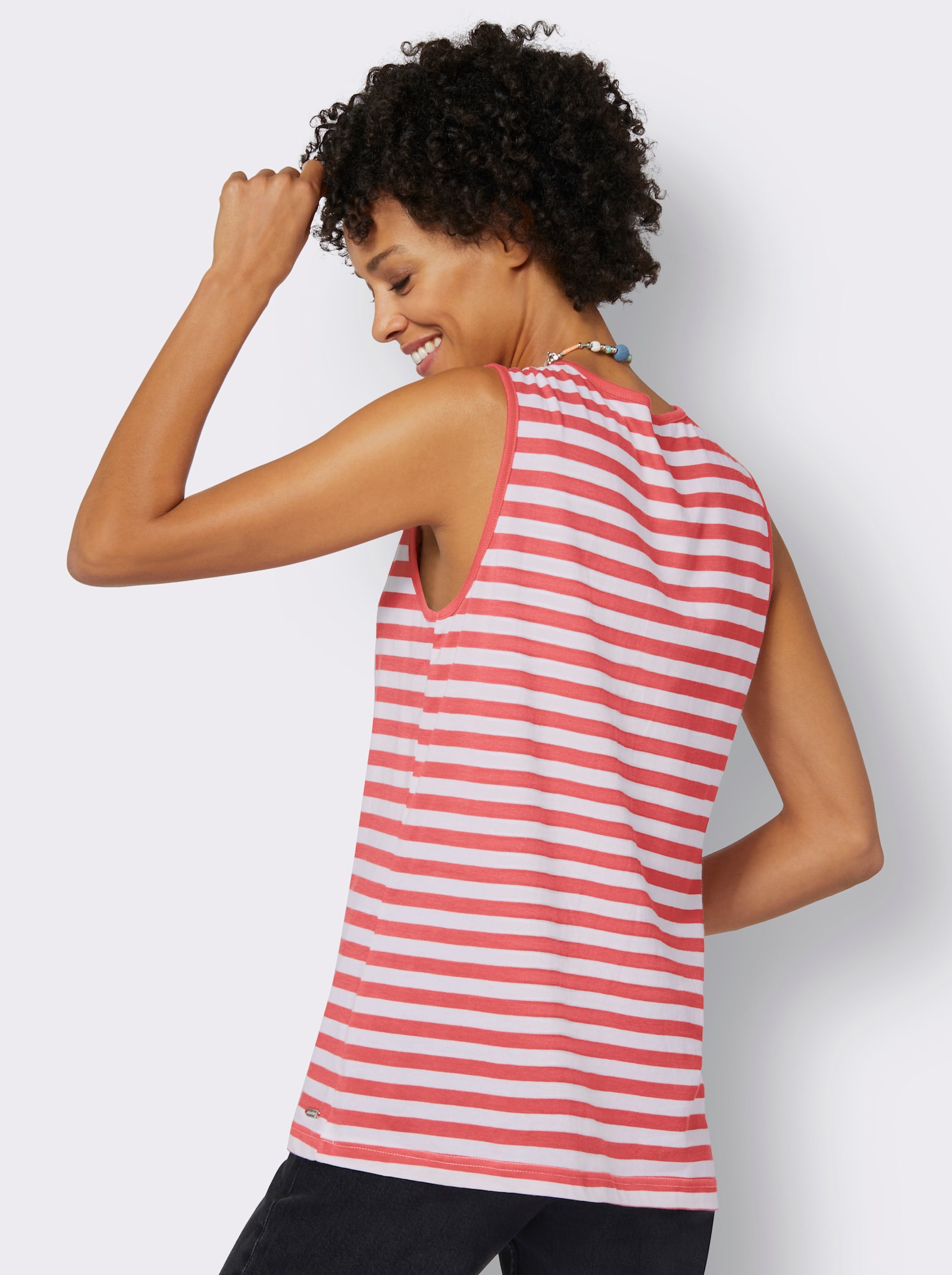 Streepjesshirt met sierknoopsluiting - koraal/wit gestreept