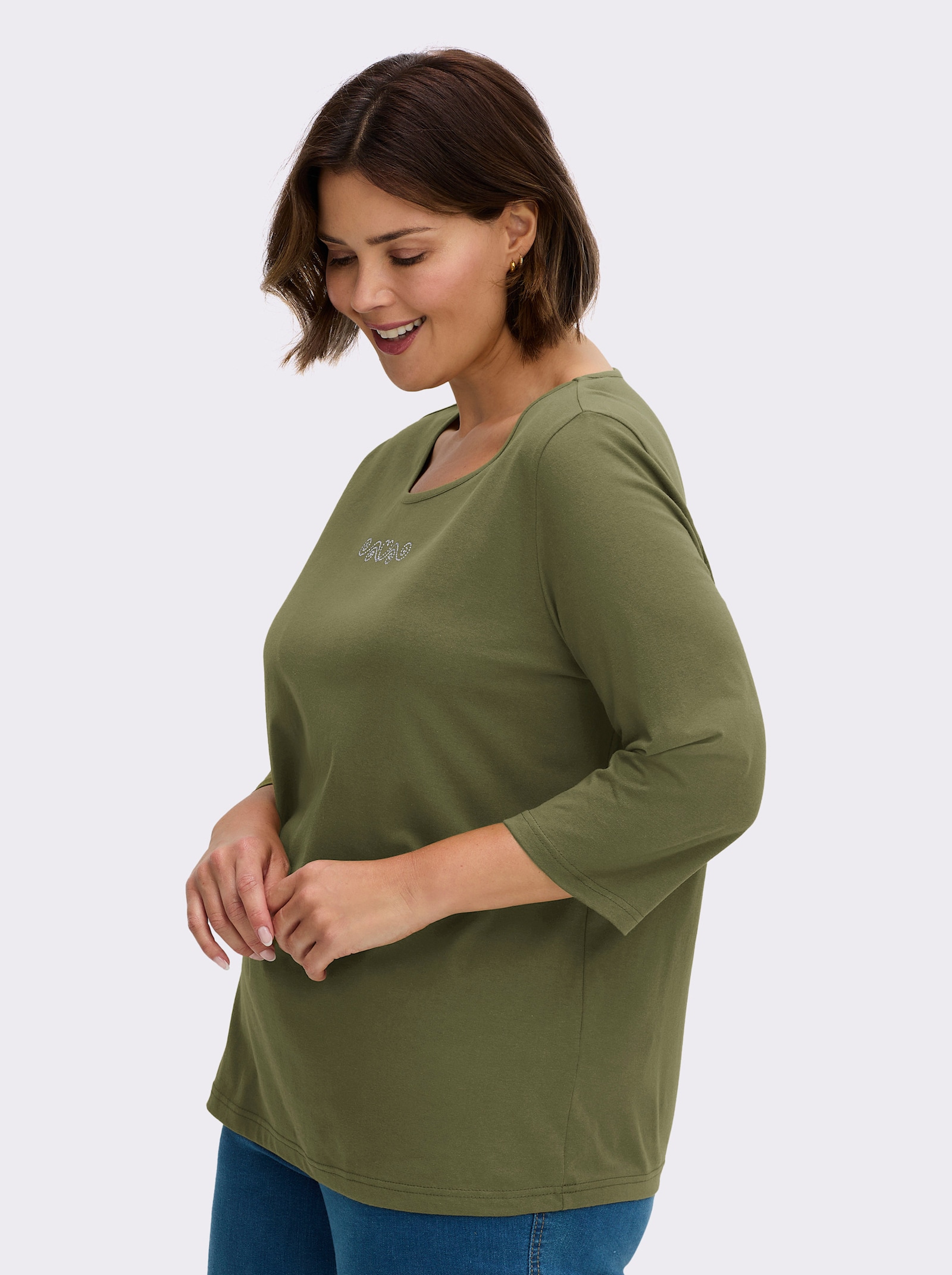 3/4-Arm-Shirt mit Ziersteinchen - oliv