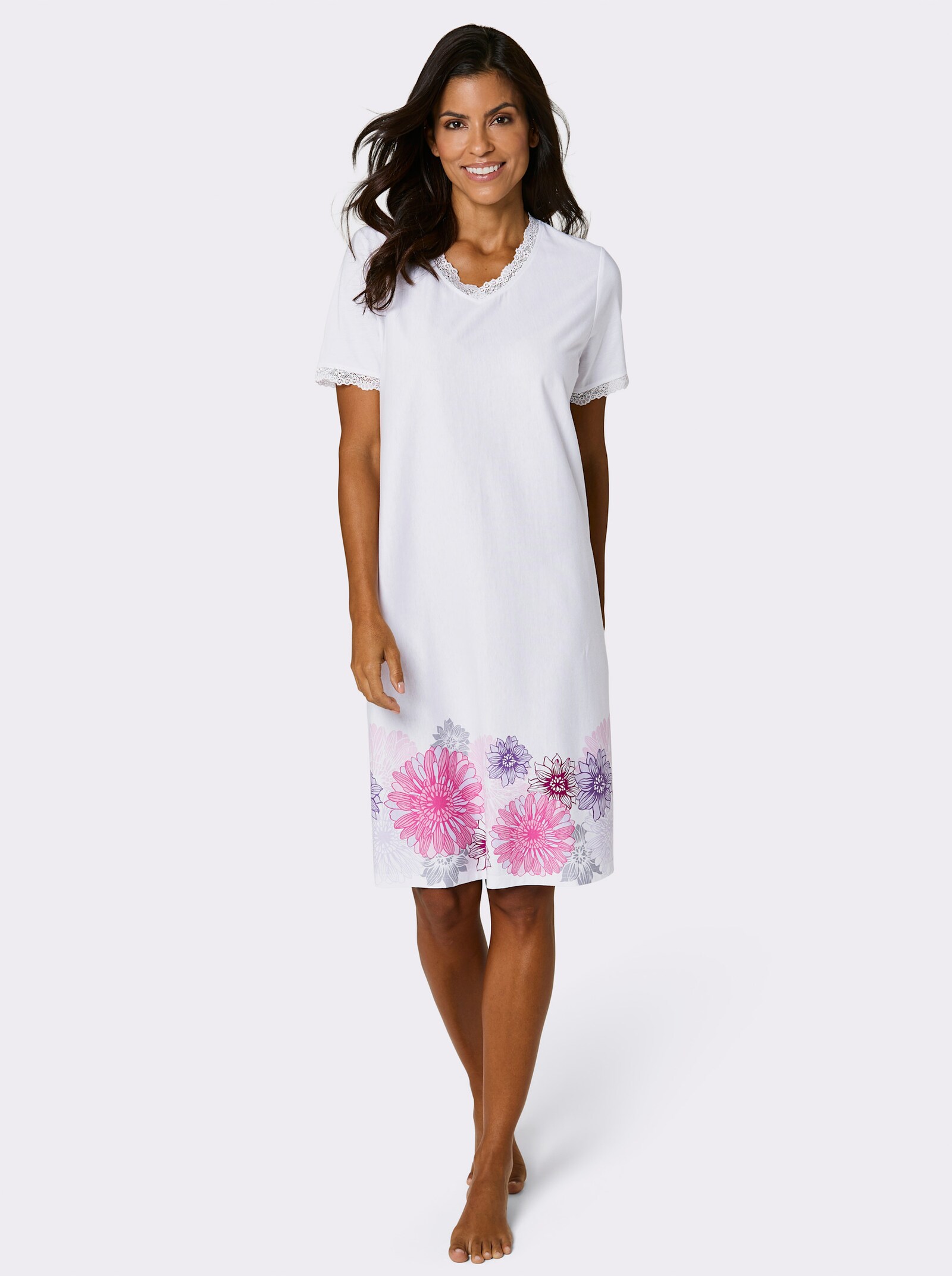 wäschepur Kurzarm-Sleepshirt mit Blumenbordüre - weiß-fuchsia-bedruckt