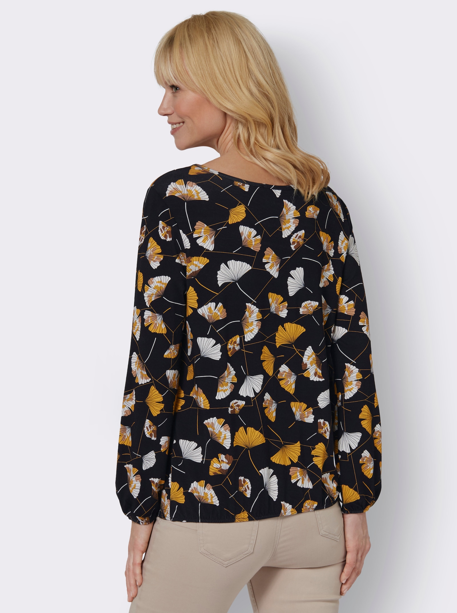 Langarmshirt mit Ginkgo-Dessin - schwarz-ocker-bedruckt