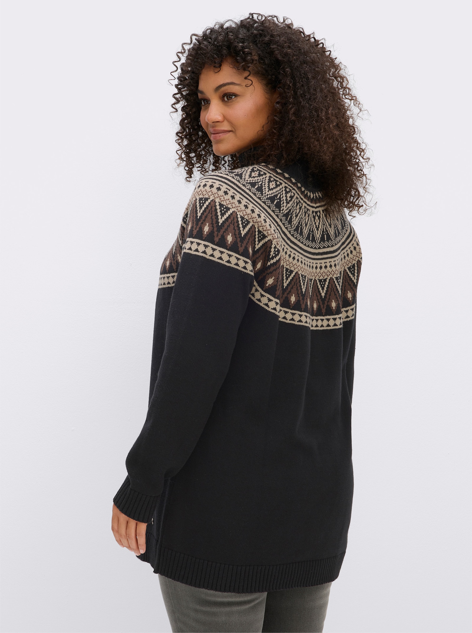 sheego Jacquardpullover im Norweger-Stil - schwarz-beige-gemustert