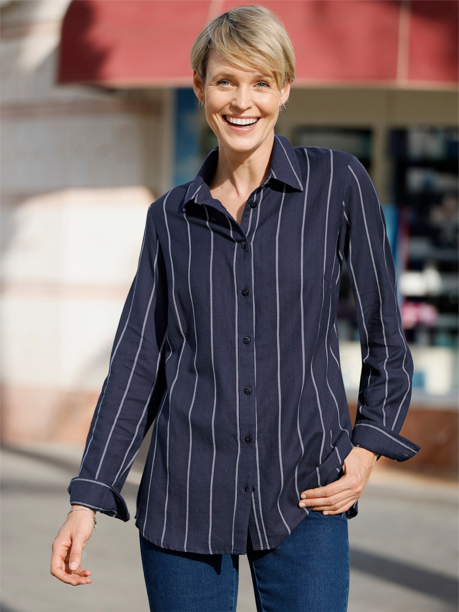 Longbluse im Streifen-Dessin - marine-ecru-gestreift