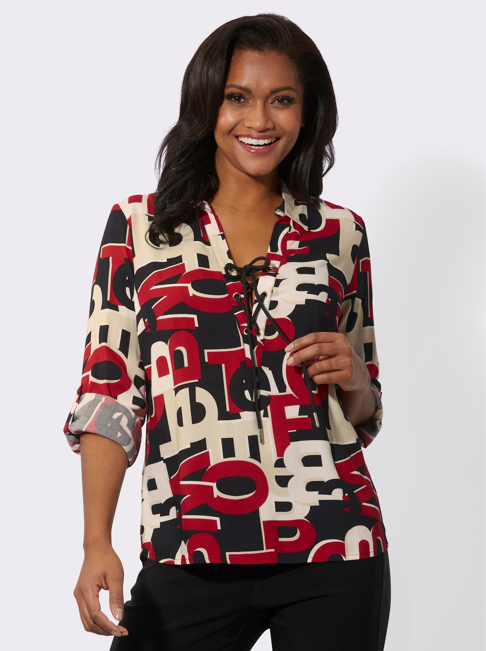 Langarm-Bluse im Lettering-Dessin - rot-schwarz-bedruckt