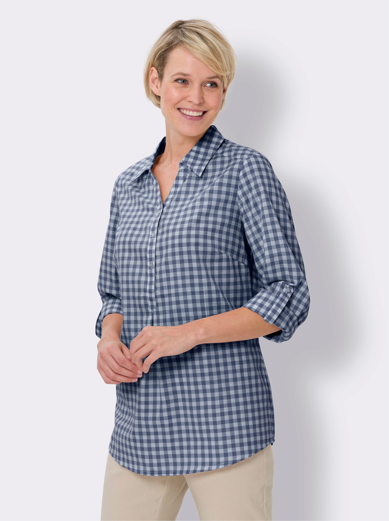Longline blouse - jeansblauw/wit geruit