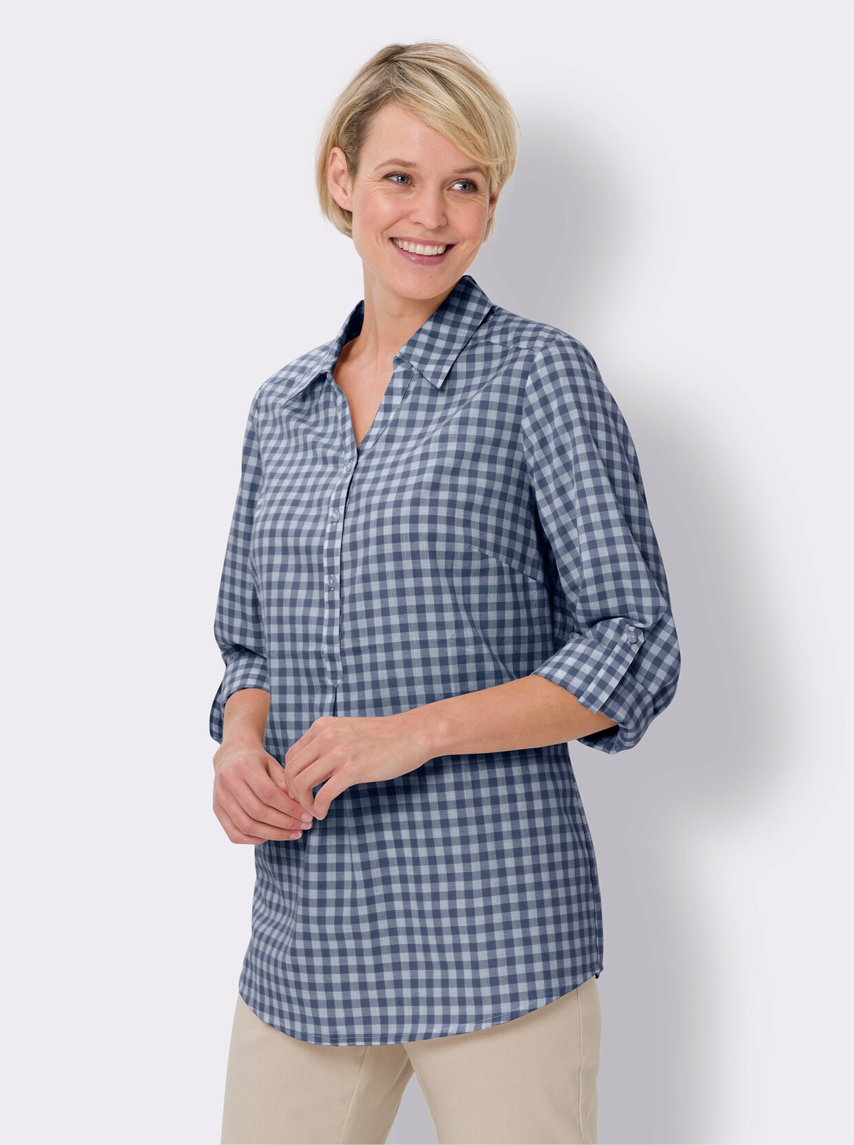 Longbluse - jeansblau-weiss-kariert