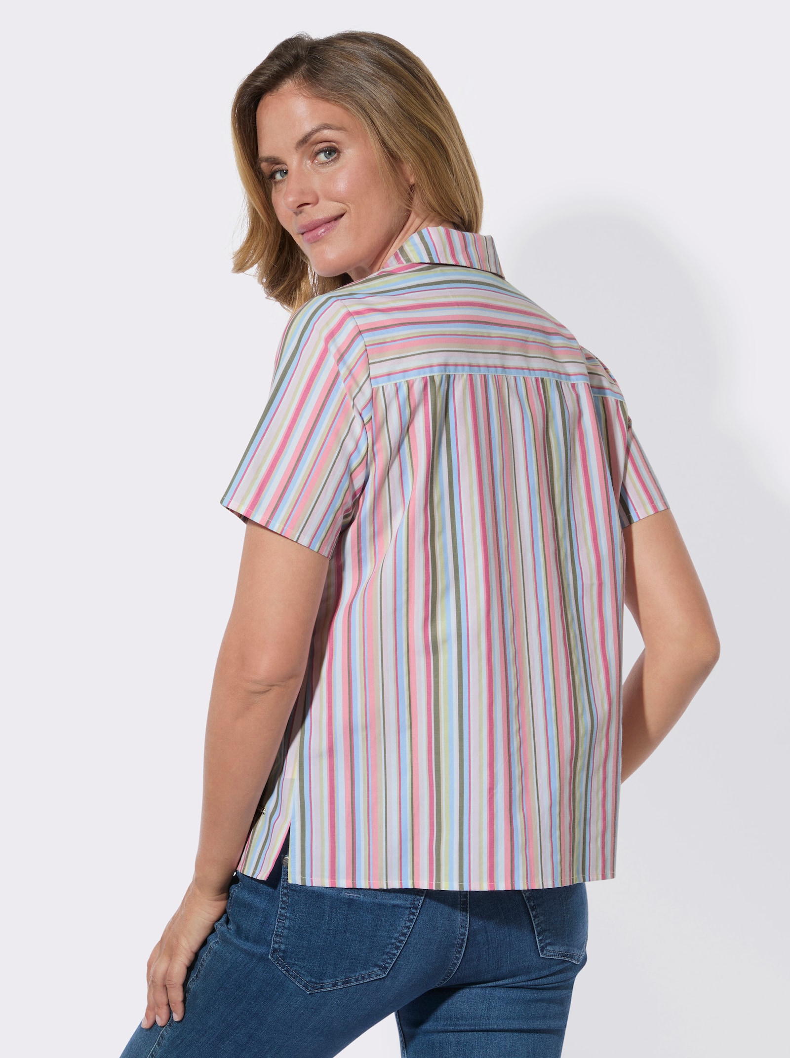 Gestreifte Bluse mit Seitenschlitzen - flamingo-ecru-gestreift